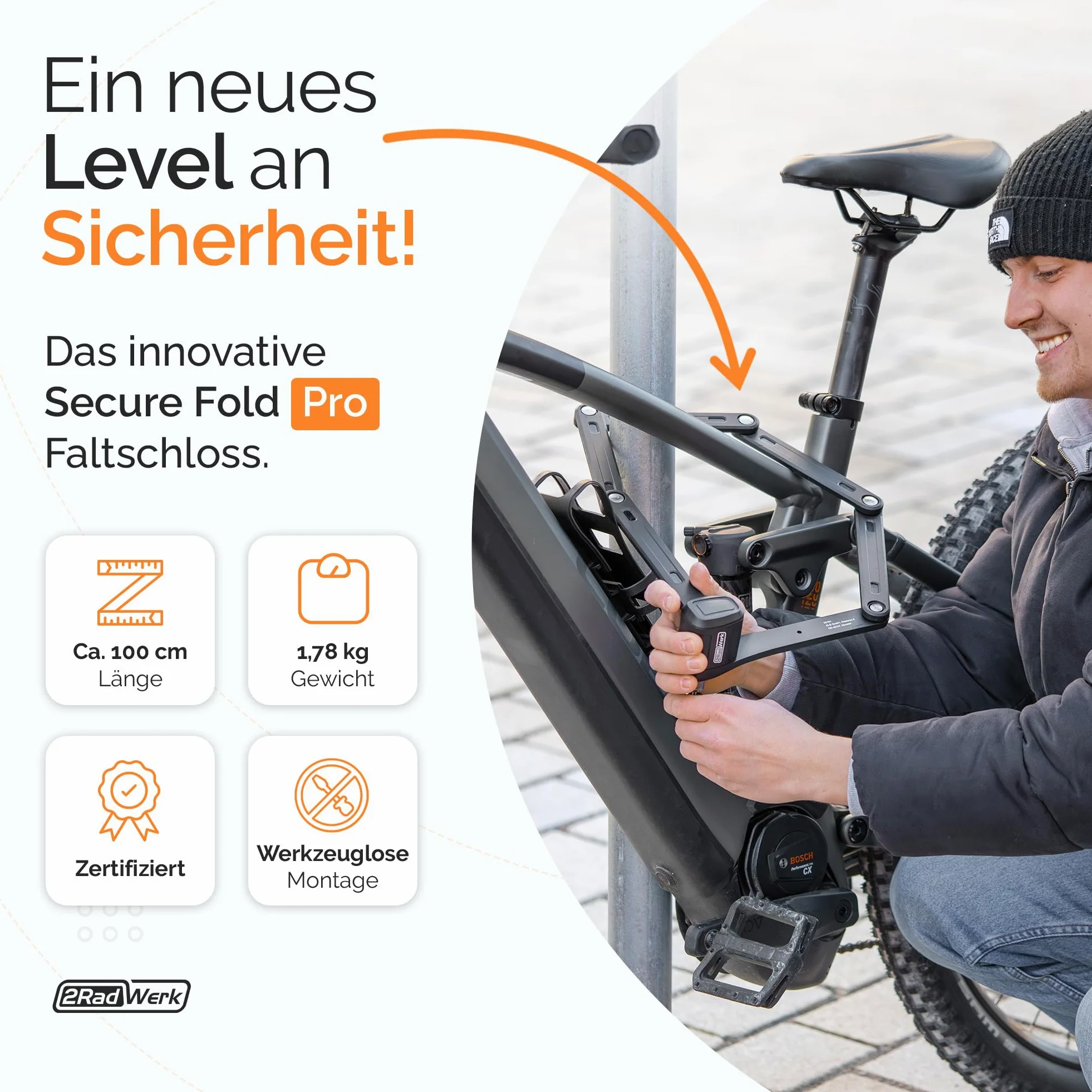2Radwerk Antivol de vélo Secure Fold Pro - Antivol pliable certifié ART avec mécanisme Ultra Lock - Antivol pliable pour vélo électrique - Antivol pliable pour vélo électrique avec support