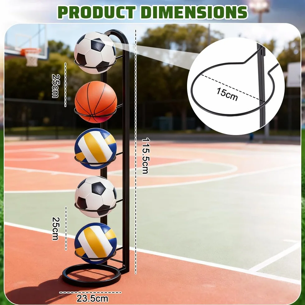 Rangement Ballon 5 Niveaux, Porte Ballon sur Pieds Métal 115.5 × 23.5 cm, Noir