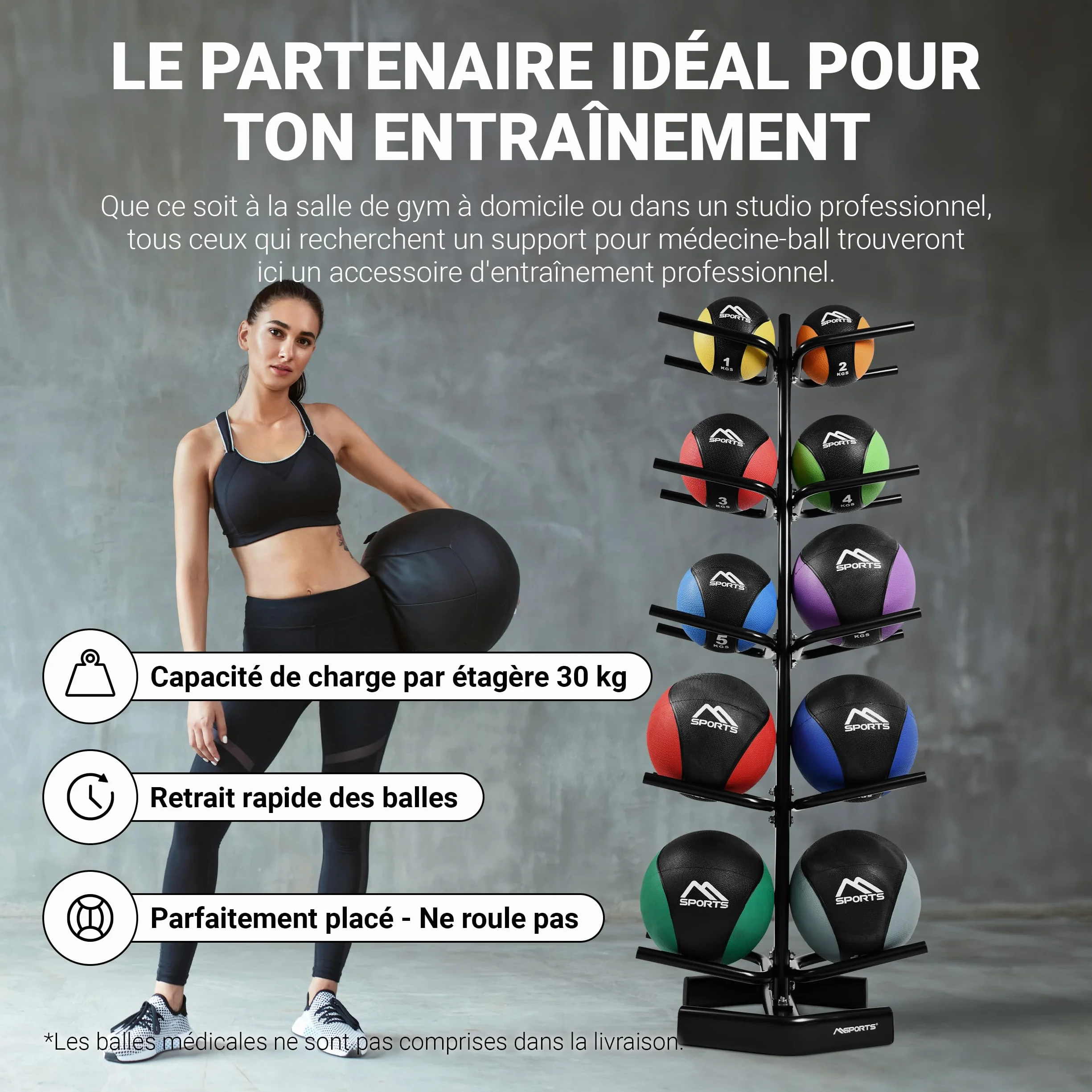 MSPORTS Étagère pour 10 balles de gymnastique ballon médicinal