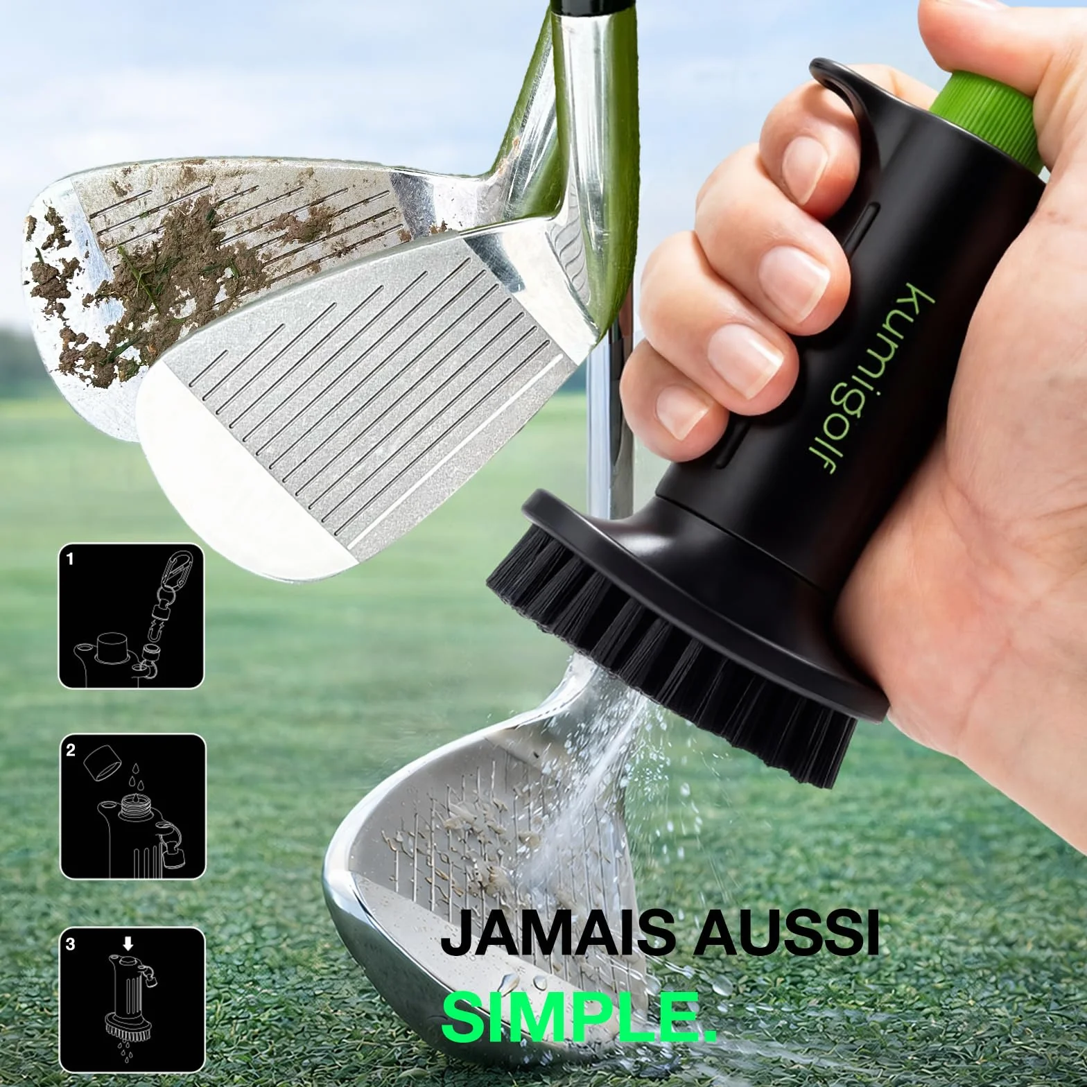 H3 Brosse à eau de golf, fonction de pulvérisation et clips magnétiques, brosse de club de golf et nettoyant de club de golf, poils en nylon de qualité supérieure et solides pour surfaces de