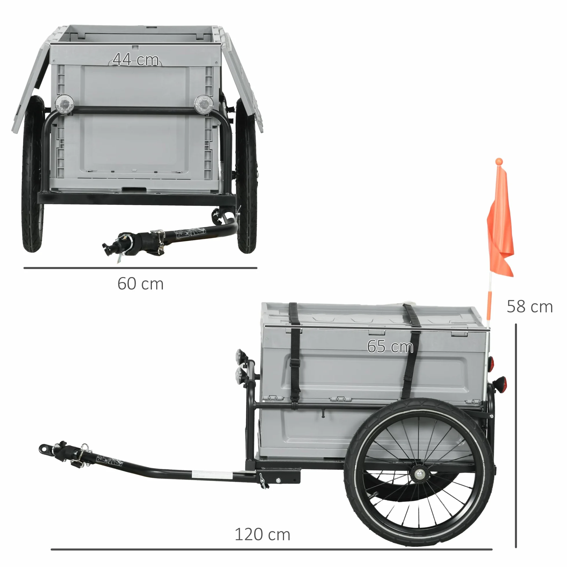 HOMCOM Remorque Chariot à vélo 65L Pliable Amovible Coffre de Rangement 40KG Gris