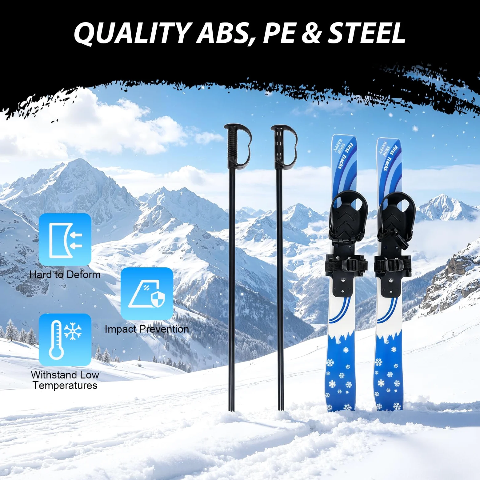 Skis et bâtons de neige pour enfants débutants avec fixations, planches de ski à faible résistance pour enfants de 2 à 8 ans, légers, robustes et sûrs, 68 x 6 cm