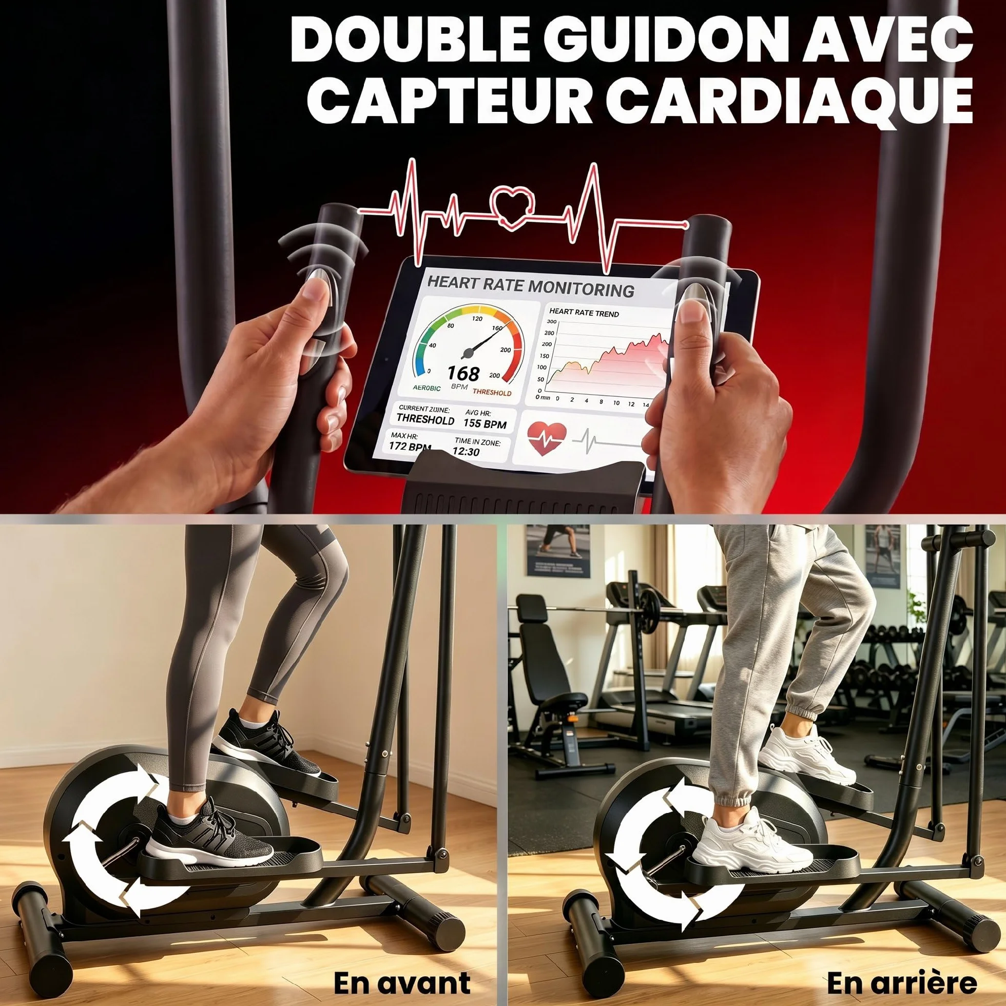 SPORTNOW Vélo Elliptique Magnétique avec Écran LCD, Résistance 8 Niveaux, Capteur Pouls, Bluetooth, Charge 120 kg, Gris