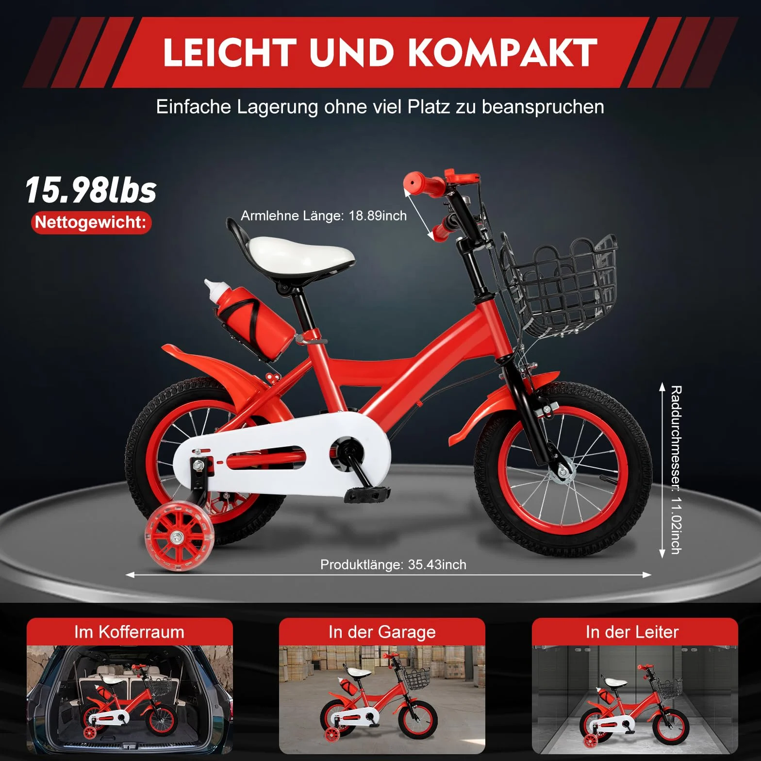 Vélo enfant 12 pouces réglable 2-5 ans avec roues stabilisatrices panier bouteille