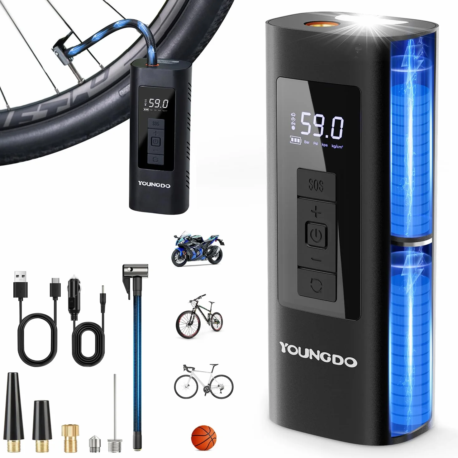 Pompe à Vélo Électrique 150PSI YOUNGDO Compresseur à Air Portatif 6000mAh