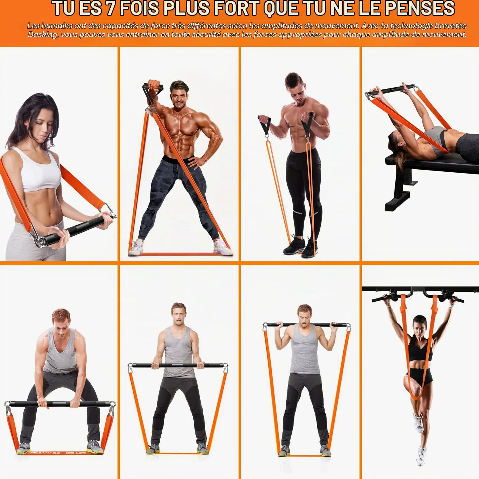 DASKING Kit de Bandes de Résistance avec Barre d'exercice, Amovible Pilates Barre + 4 Bande Élastique Latex-Kit de Barres Fitness pour la Musculation, Le Yoga -Équipement de Domicile Sports, Home Gym
