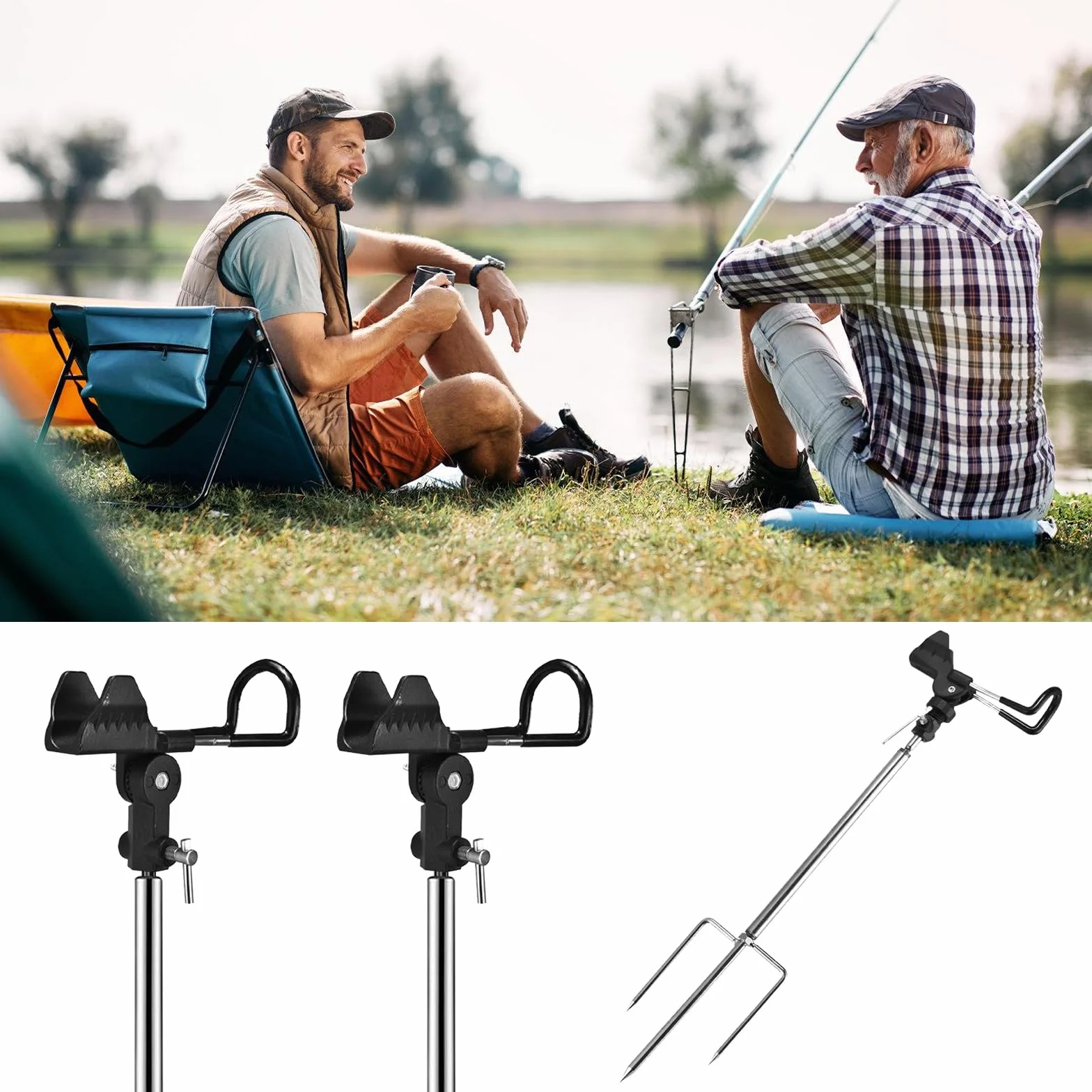Support Canne à Pêche 2 Pièces Acier Inoxydable 360° Réglable Noir