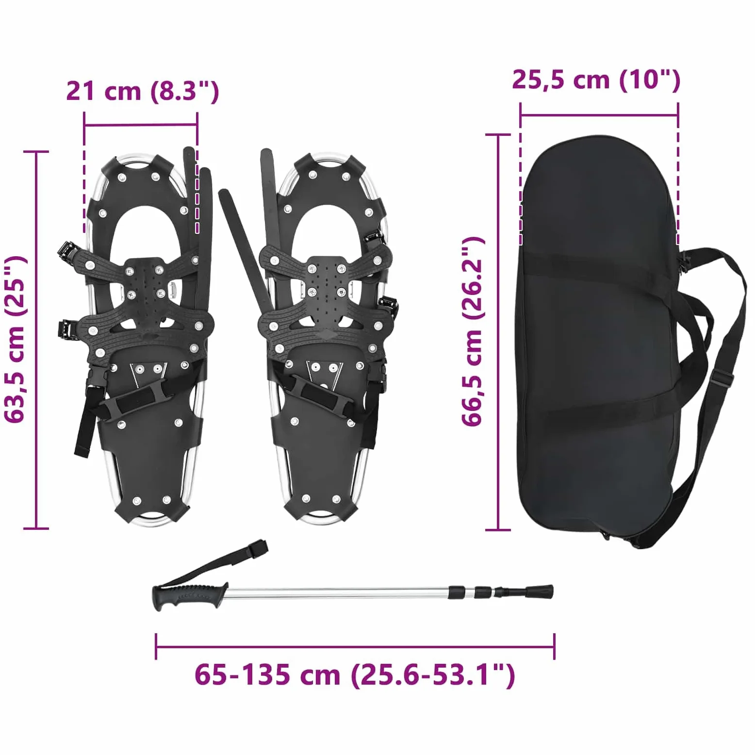 Raquettes à neige argentées noires 53,5 x pour femmes, hommes, enfants, antidérapantes, légères, avec attache réglable, adaptées pour la randonnée hivernale, les glaciers