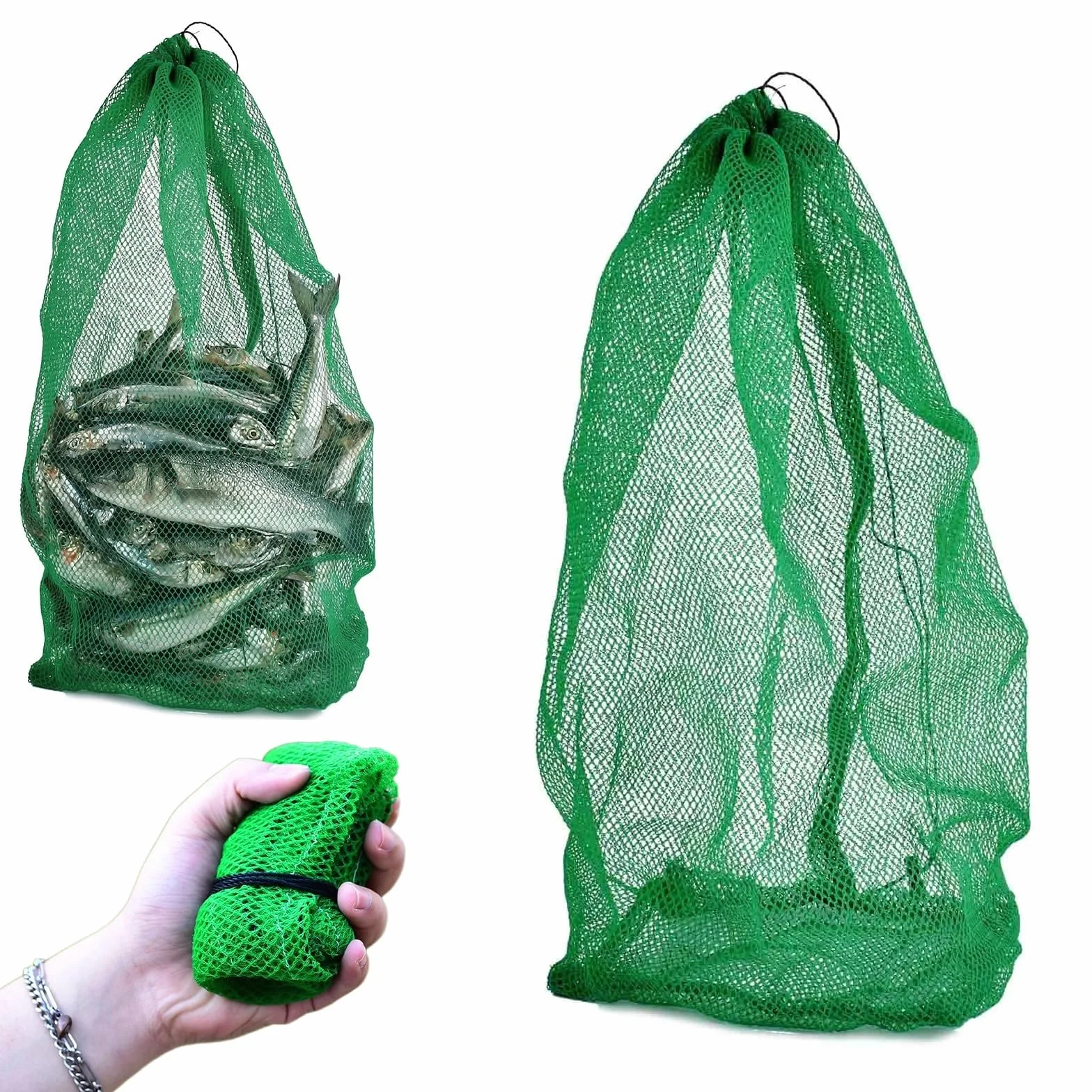 Bourriche Peche 80x50cm, Sac Soluble Peche Carpe, Filet Peche en Nylon Vert Renforcé, Sac de Conservation Poisson Pliable et Séchage Rapide, Nasse à Poisson Multifonctionnelle