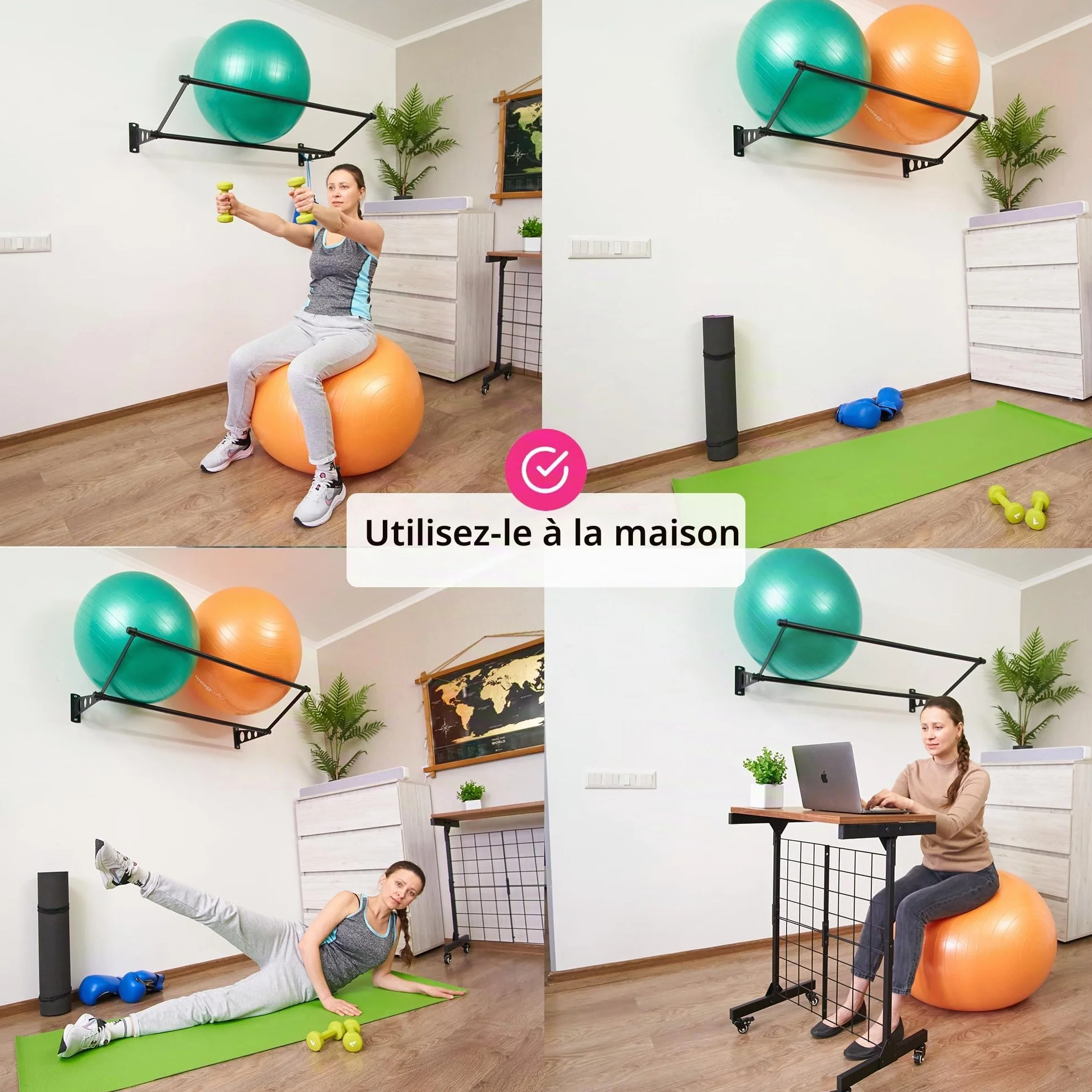 Support Mural pour Ballons d'Exercice de Fitness Stabilité Noir Mat