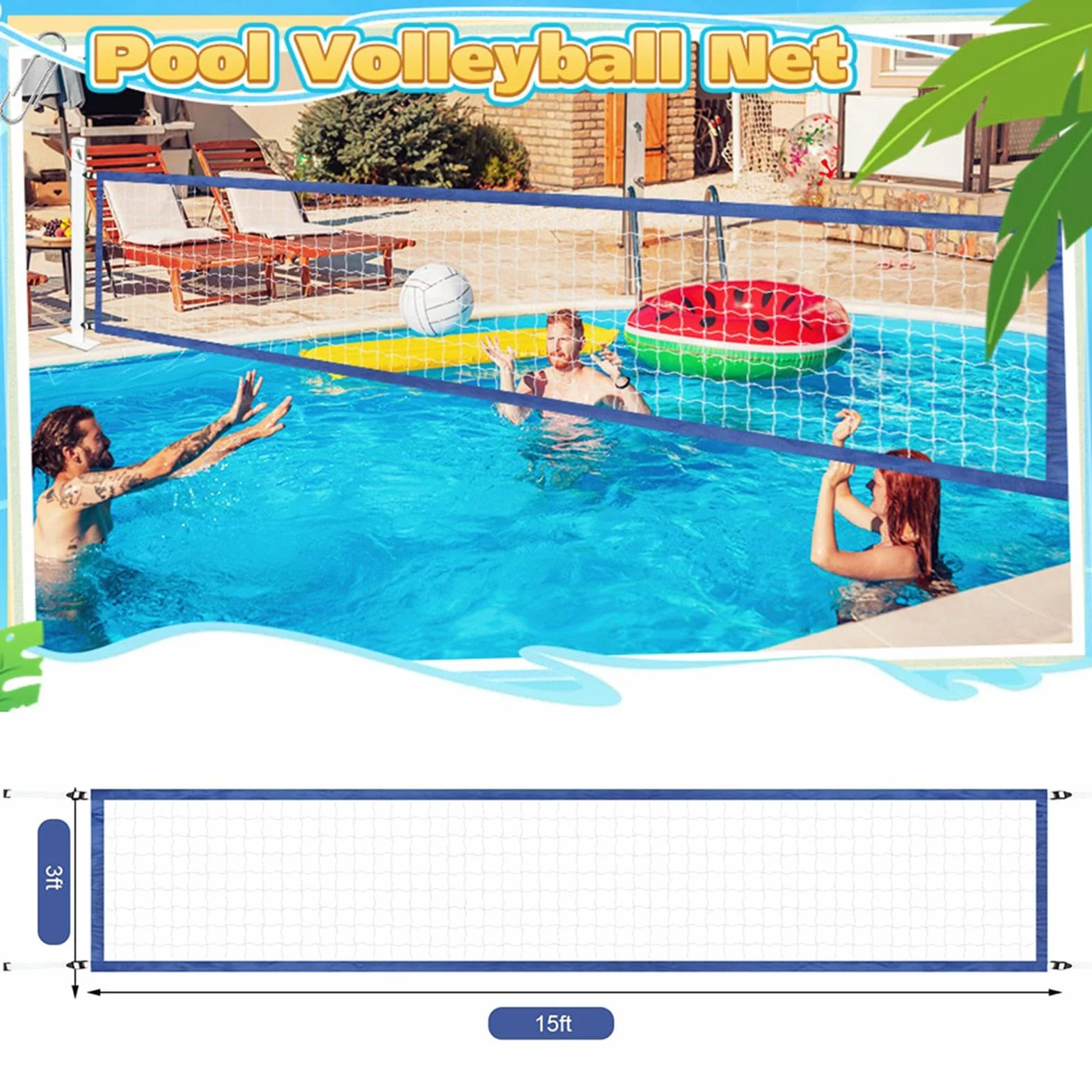 Filet de volley-ball flottant pour piscine 4,5 x 0,9 m, accessoires sports nautiques extérieur