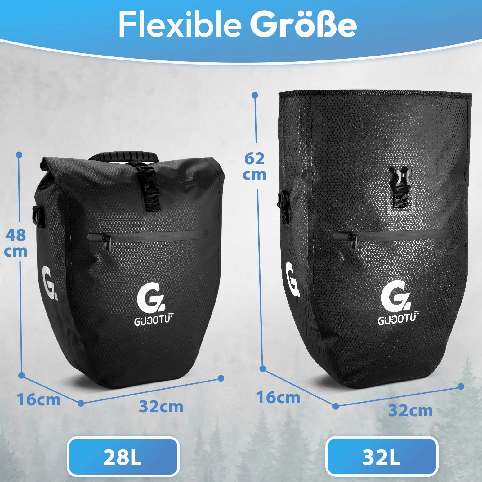 GUOOTU Lot de 2 sacoches de vélo pour porte-bagages de 56 l, avec poignée de transport et bandoulière - Sacoche de vélo avec réflecteurs (noir 28 l)