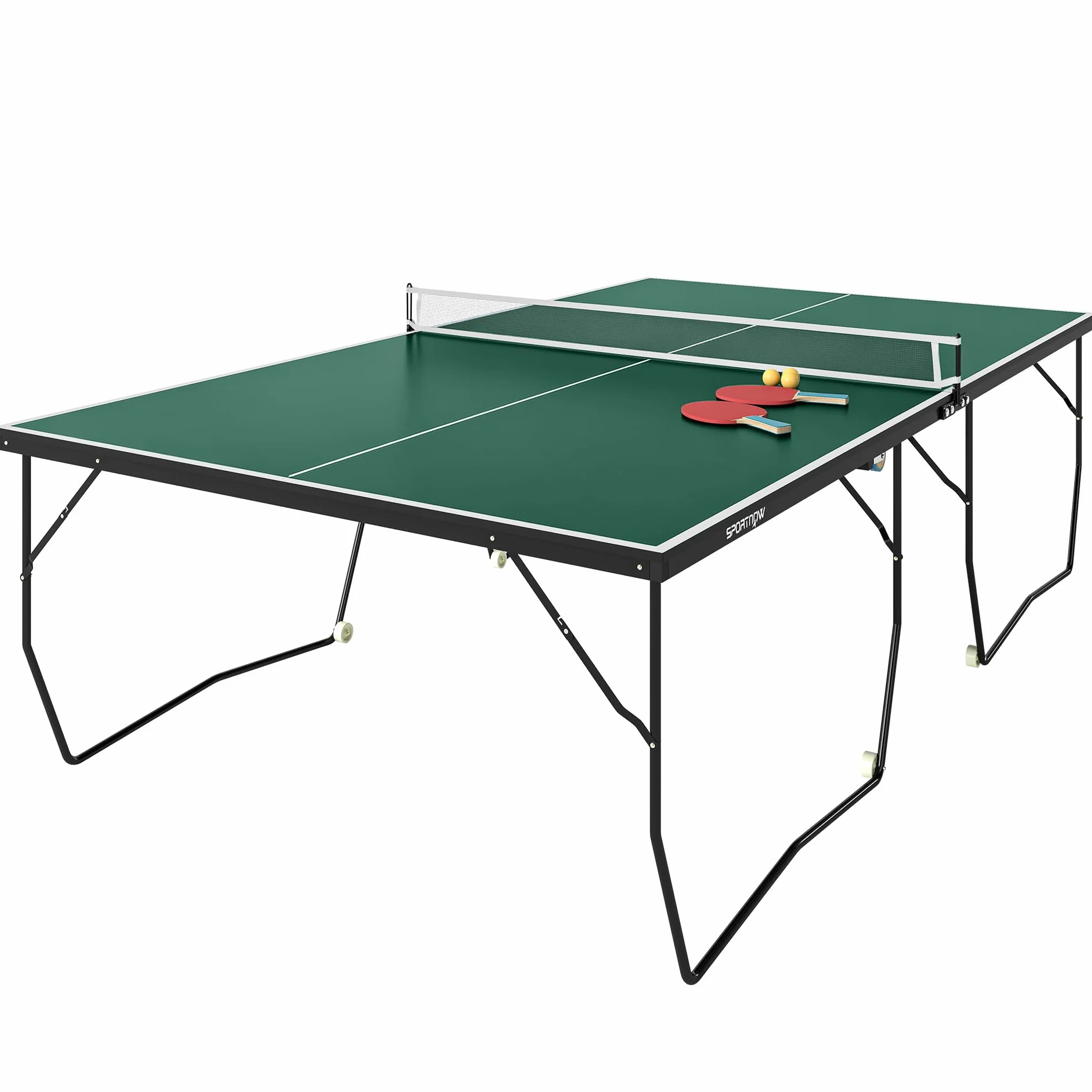 Table de ping-pong SPORTNOW pliante avec filet, roulettes, raquettes et balles, acier, vert 274x152x76 cm