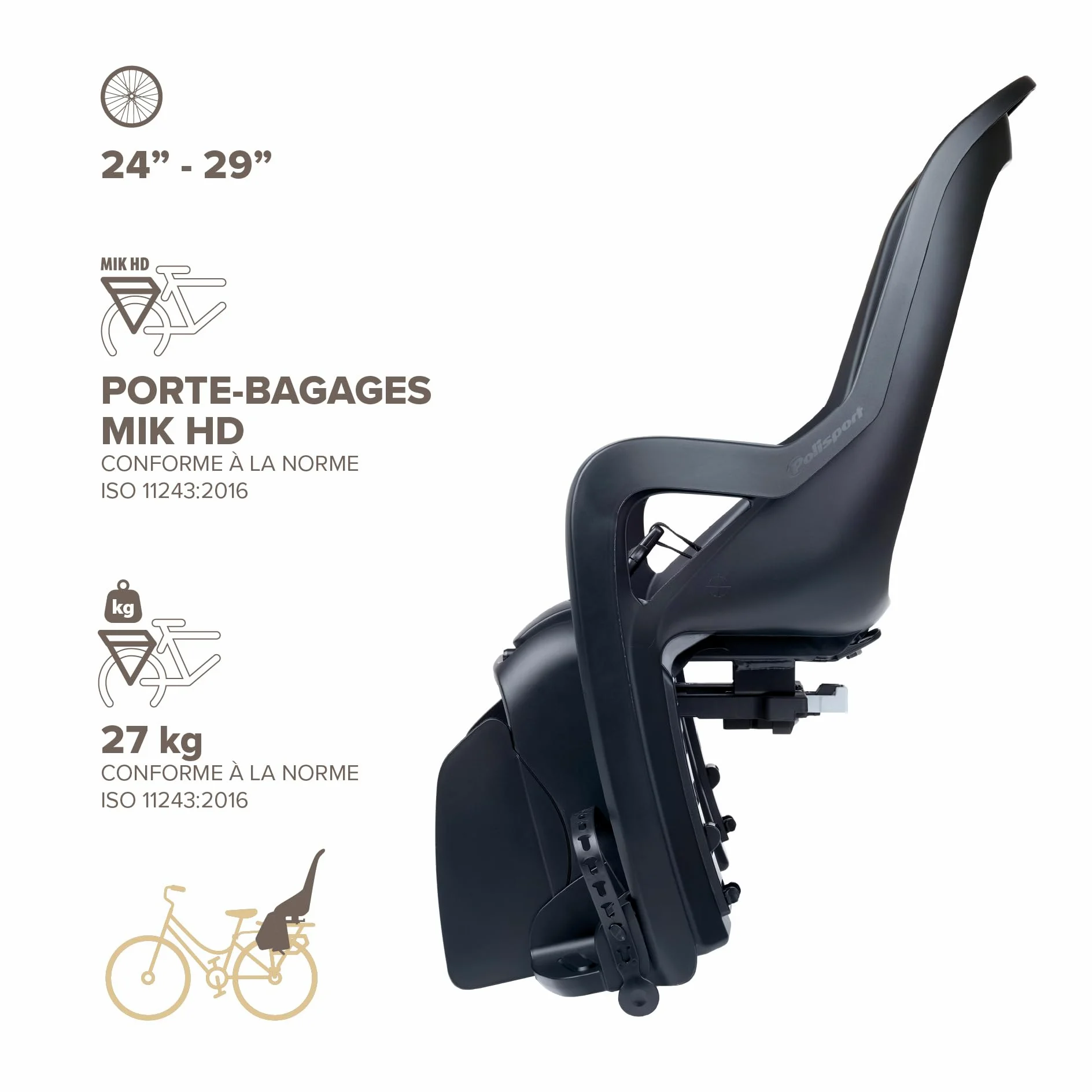 Siège Enfant vélo arrière Polisport Groovy MIK-HD pour Porte-Bagages MIK-HD, Installation Rapide et sûre, Design modernisé, Confort Optimal, Jusqu’à 22 kg et 110 cm, Couleur Noir/Gris Foncé
