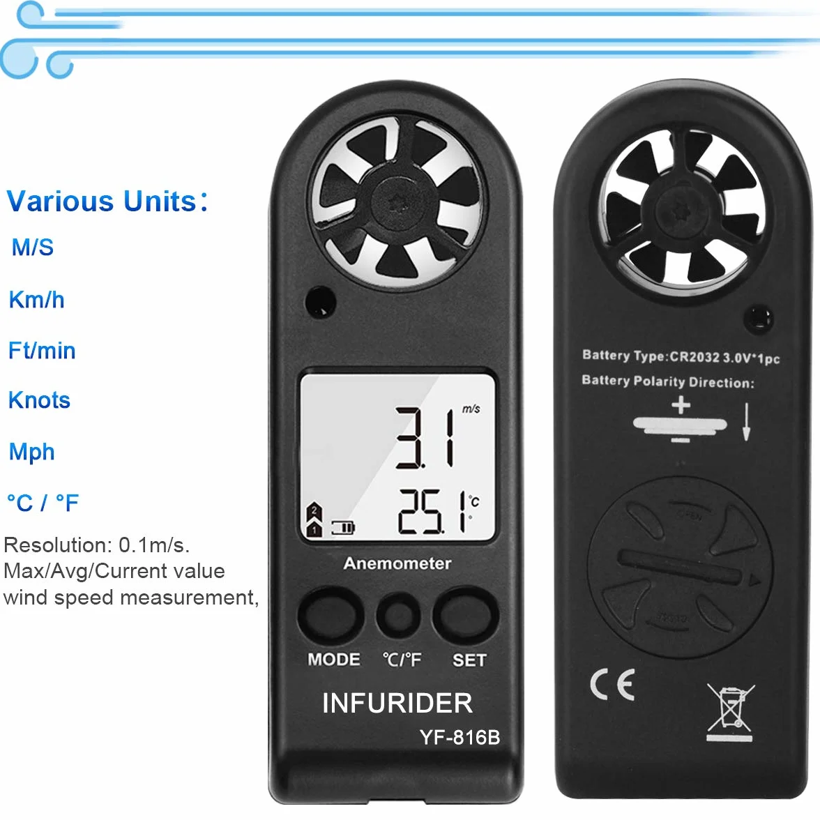 Anémomètre Numérique Portable INFURIDER YF-816B Compteur Vitesse LCD Rétroéclairé Température MAX/AVG 2 Pack