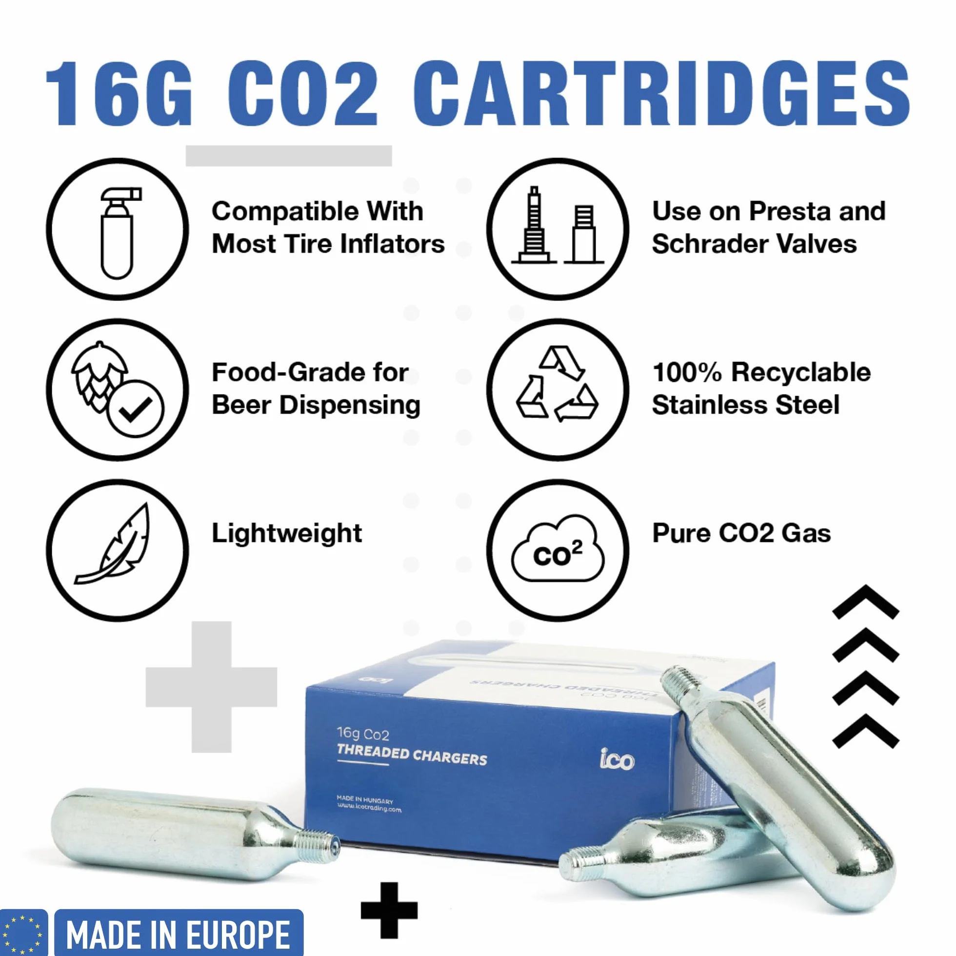 ICO Cartouche CO2 16g Filetées pour Gonflage Express des Pneus VTT Vélo Route Qualité Alimentaire