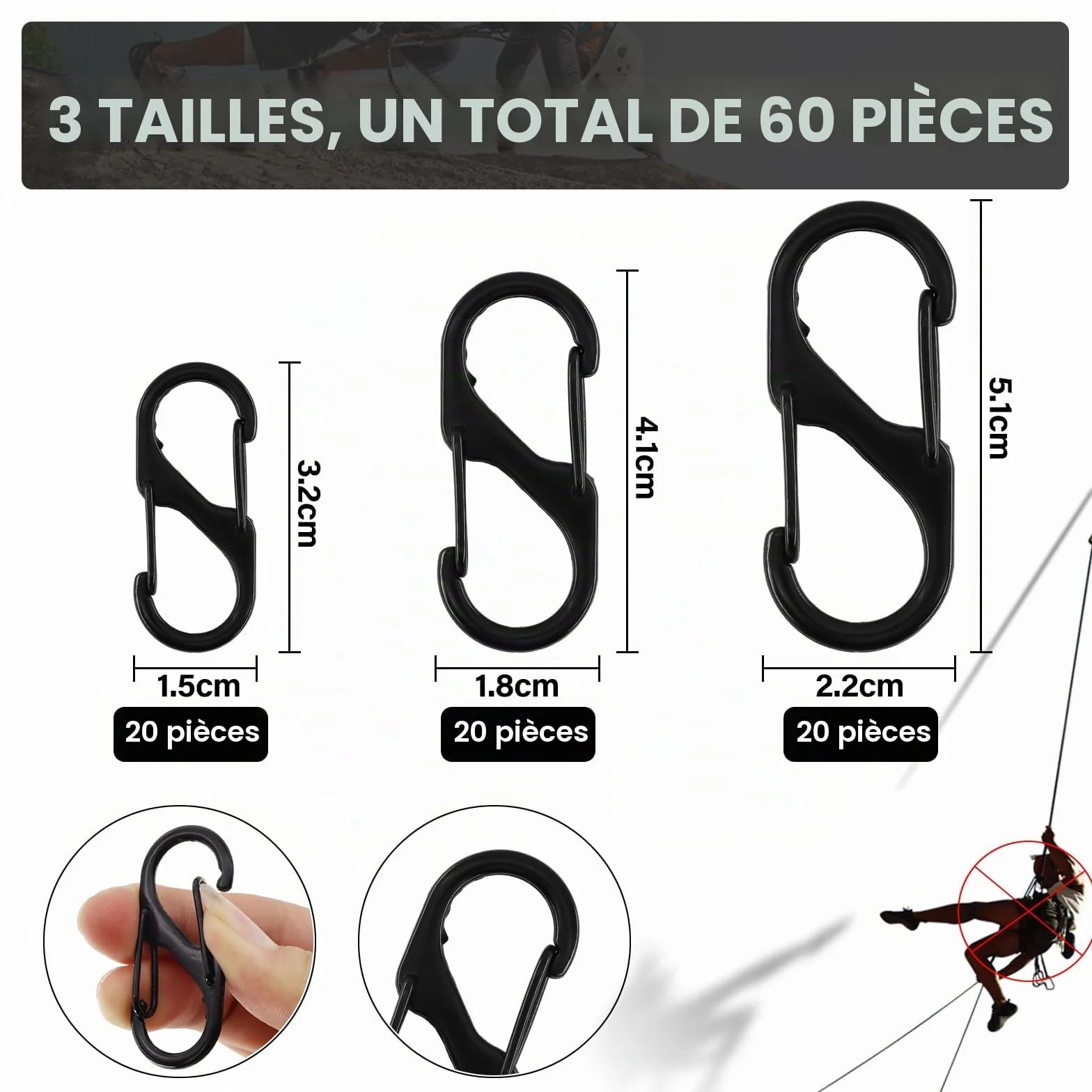 Lot de 60 mousquetons en forme de S 50/40/32 mm métal antivol noir pour camping randonnée
