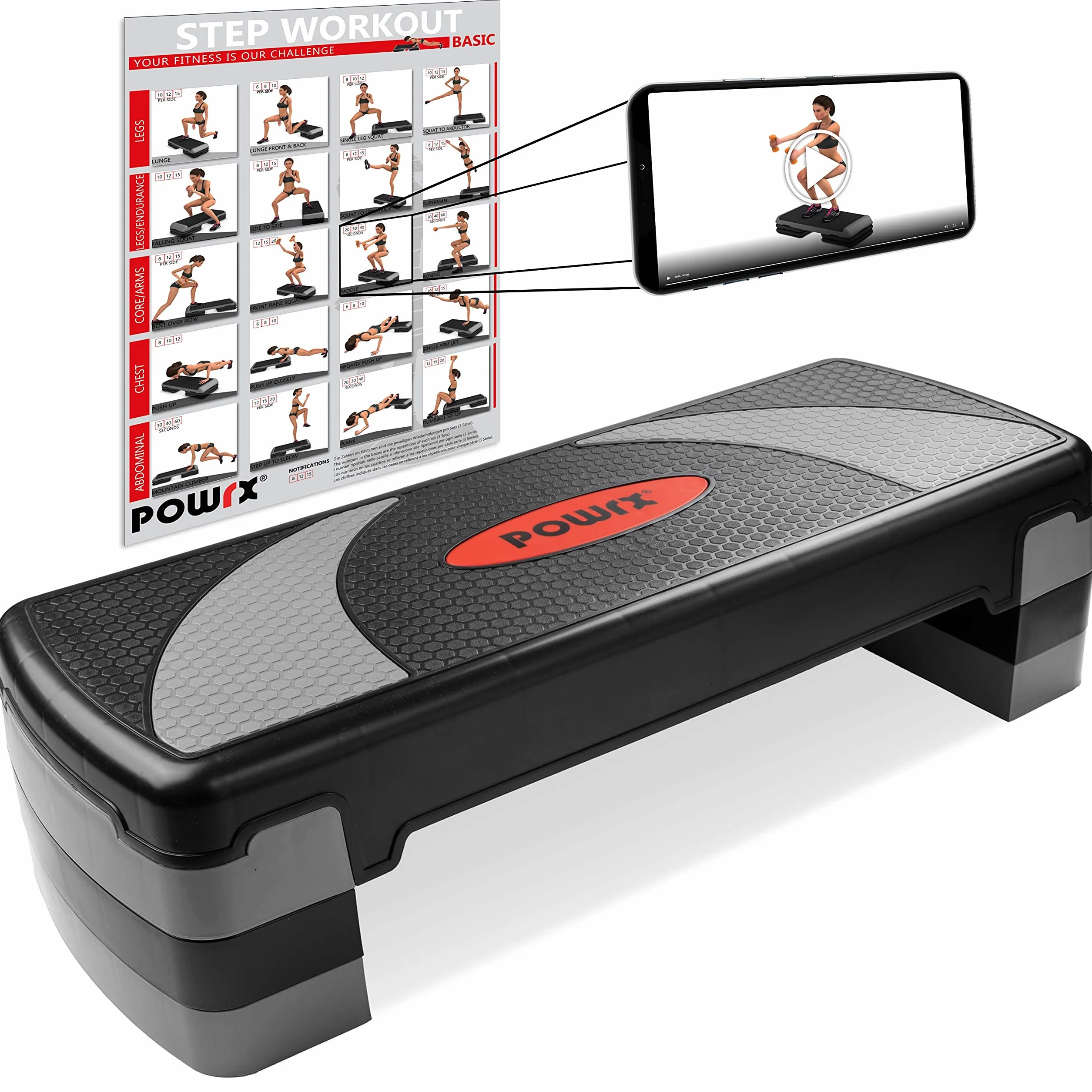 POWRX Step fitness aérobic XL 80 x 30 cm hauteur ajustable antidérapant