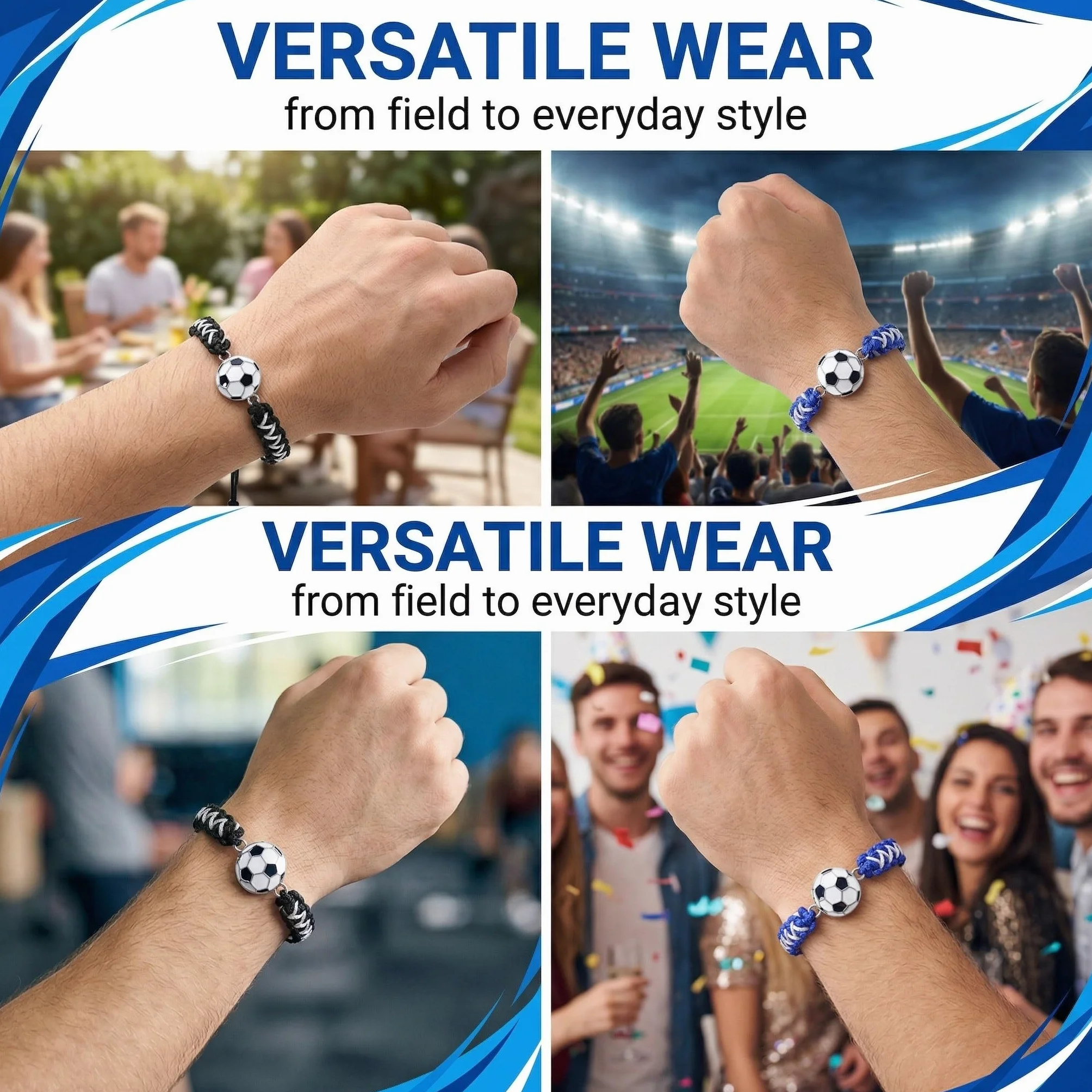 Bracelets Football Tressés pour Garçon Lot de 2 Ajustable 14-28cm Noir/Blanc Bleu/Blanc