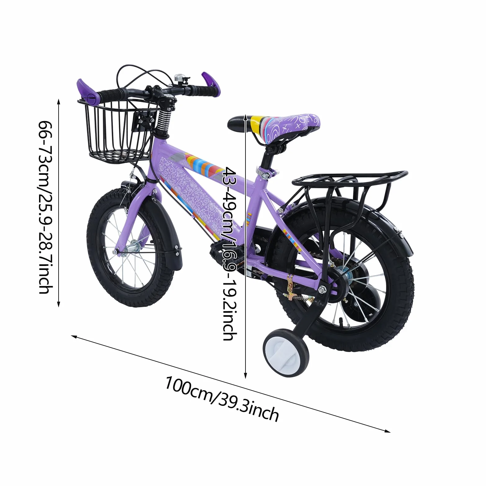 Vélo pour enfant 14 pouces avec siège arrière, panier et roues stabilisatrices, hauteur réglable 3 ans