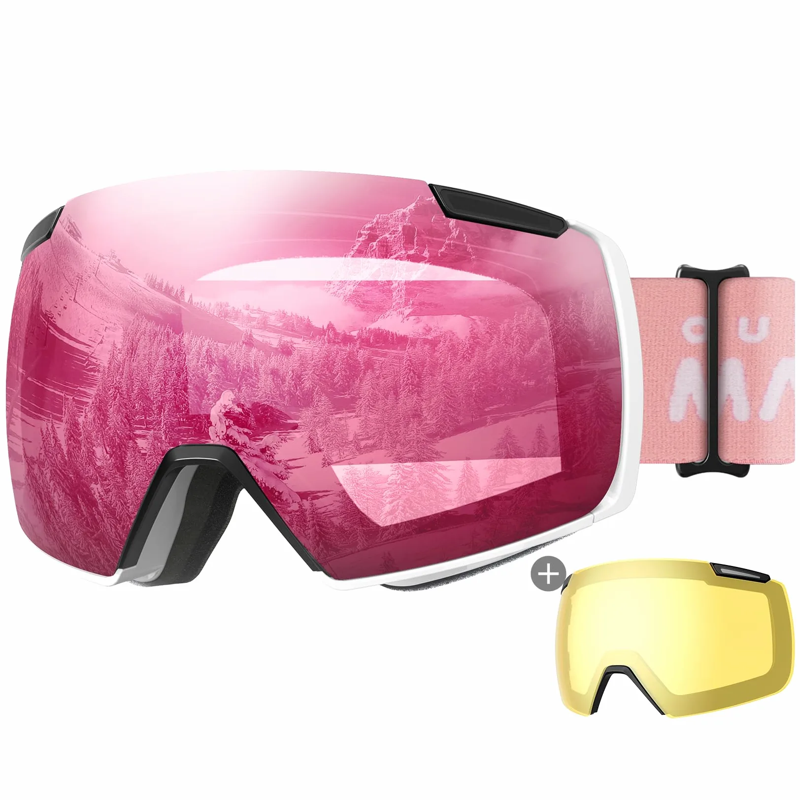 OutdoorMaster Heron Lunettes de ski à 2 verres, sans monture, interchangeables magnétiquement HD Toric Lens, lunettes de snowboard OTG pour hommes & femmes, 100% protection UV Snow Goggles