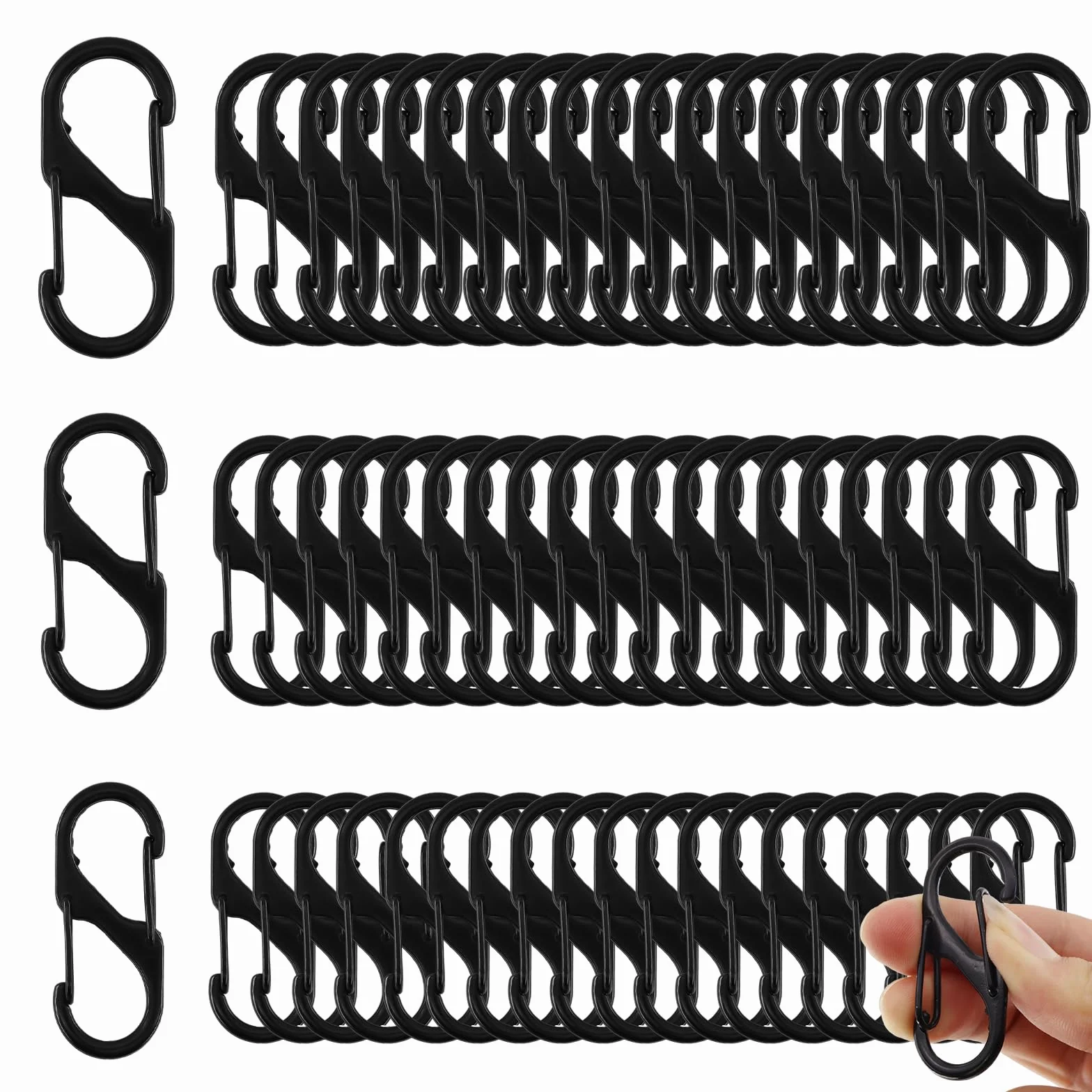 Lot de 60 mousquetons en forme de S 50/40/32 mm métal antivol noir pour camping randonnée