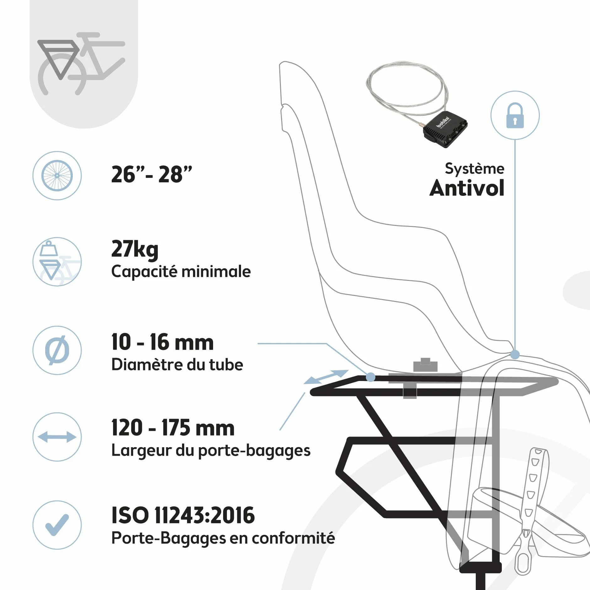 BOBIKE 8012100018 - Siège arrière One Maxi avec système E-BD pour vélo avec Roues de 26” à 29” adapté aux Enfants pesant jusqu'à 22 kg avec Fixation sur Le Porte-Bagages en Couleur Noir Urbain