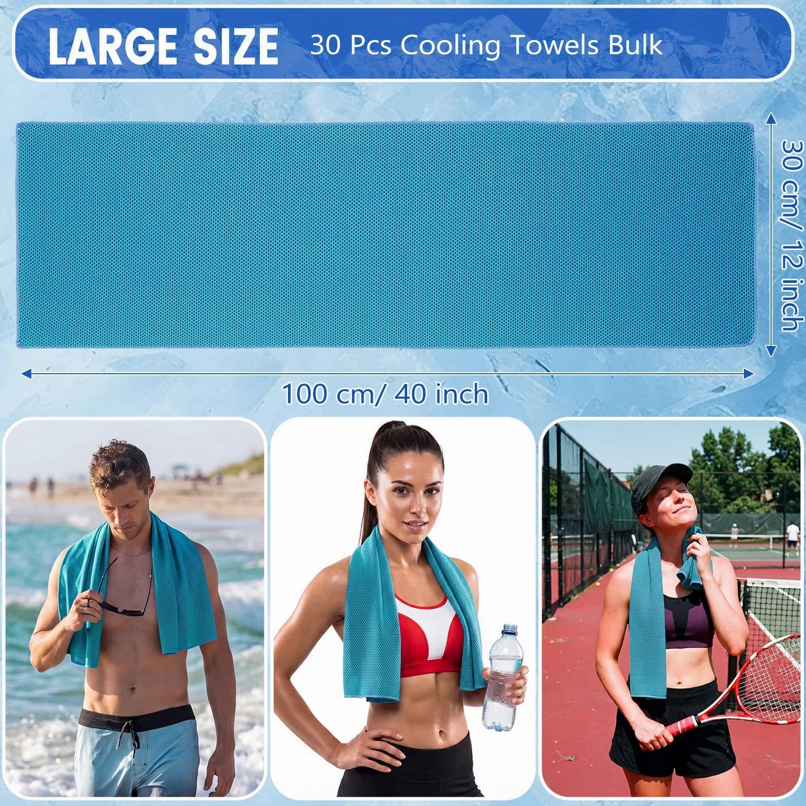 Lot de 30 Serviettes rafraîchissantes 101,6 cm x 30,5 cm,Tour de Cou rafraîchissant,Douces et Respirantes,en Microfibre,pour Le Sport (Yoga,Course à Pied,Gym,Camping,Fitness) (Aqua)