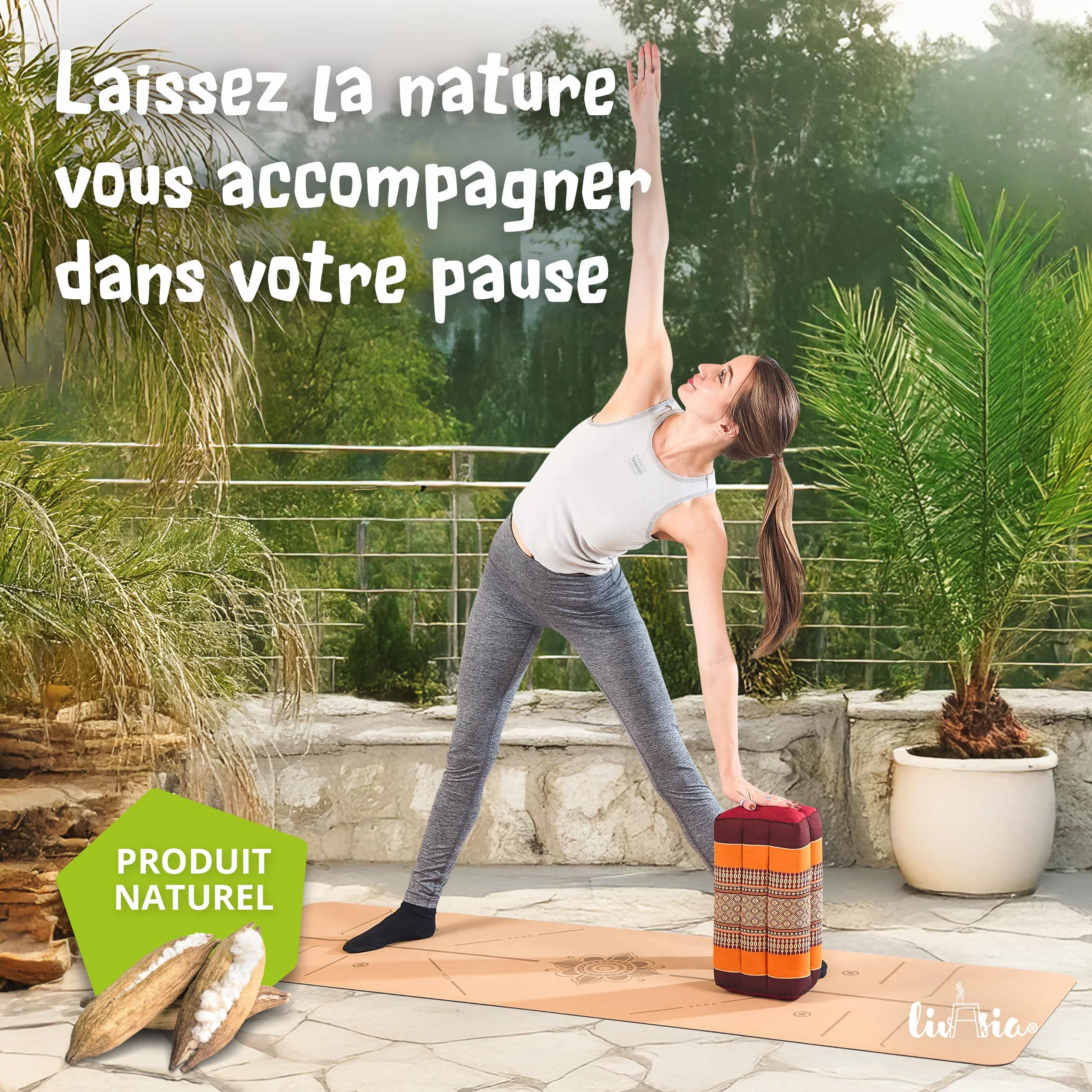 Coussin de méditation kapok 17x34x12cm - Coussin yoga carré bloc - Accessoires yoga pilates