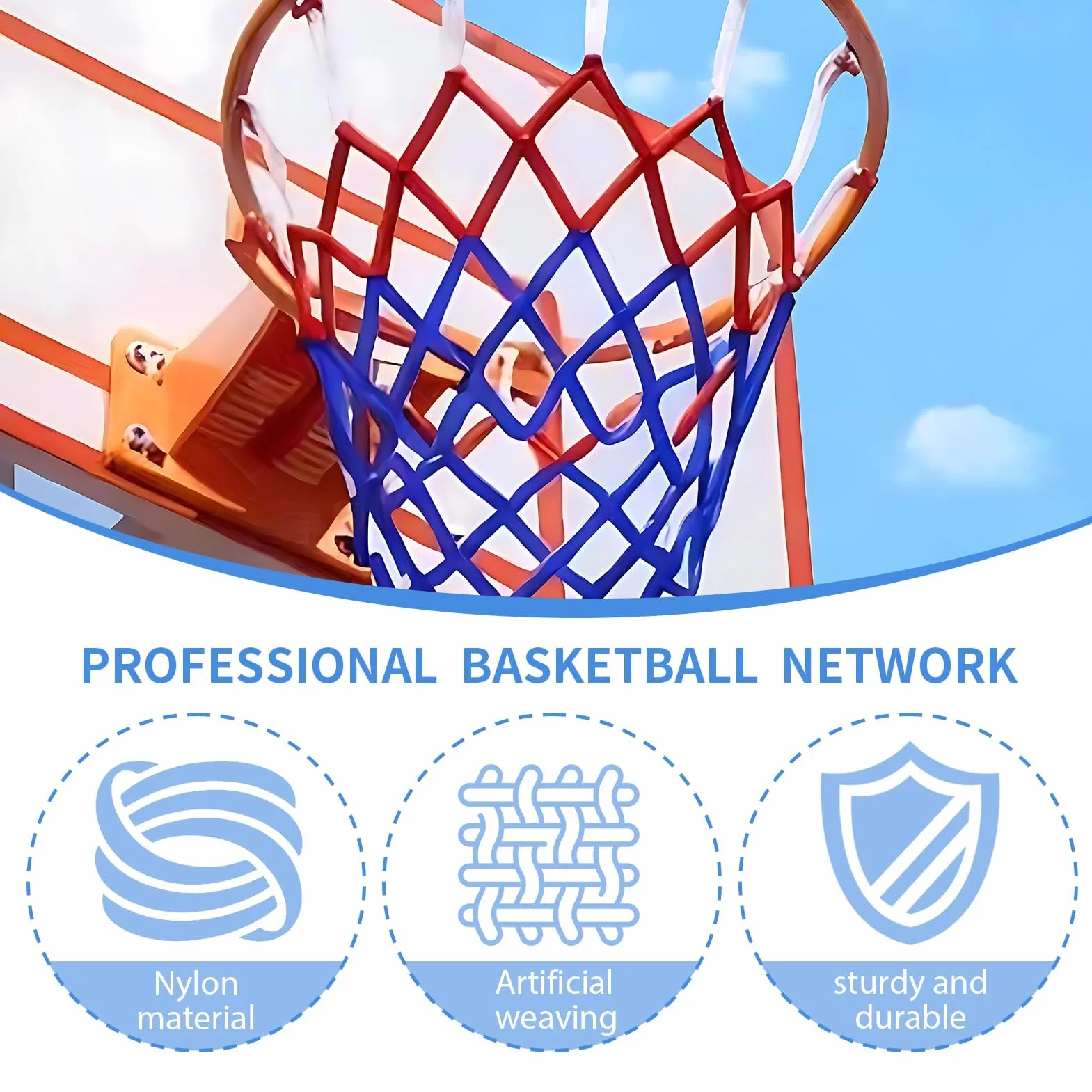 Filet de Basket-Ball Tricolore en Polyester 53 cm pour Panier - Anneaux Métalliques 45 cm - Officiel Compétitions