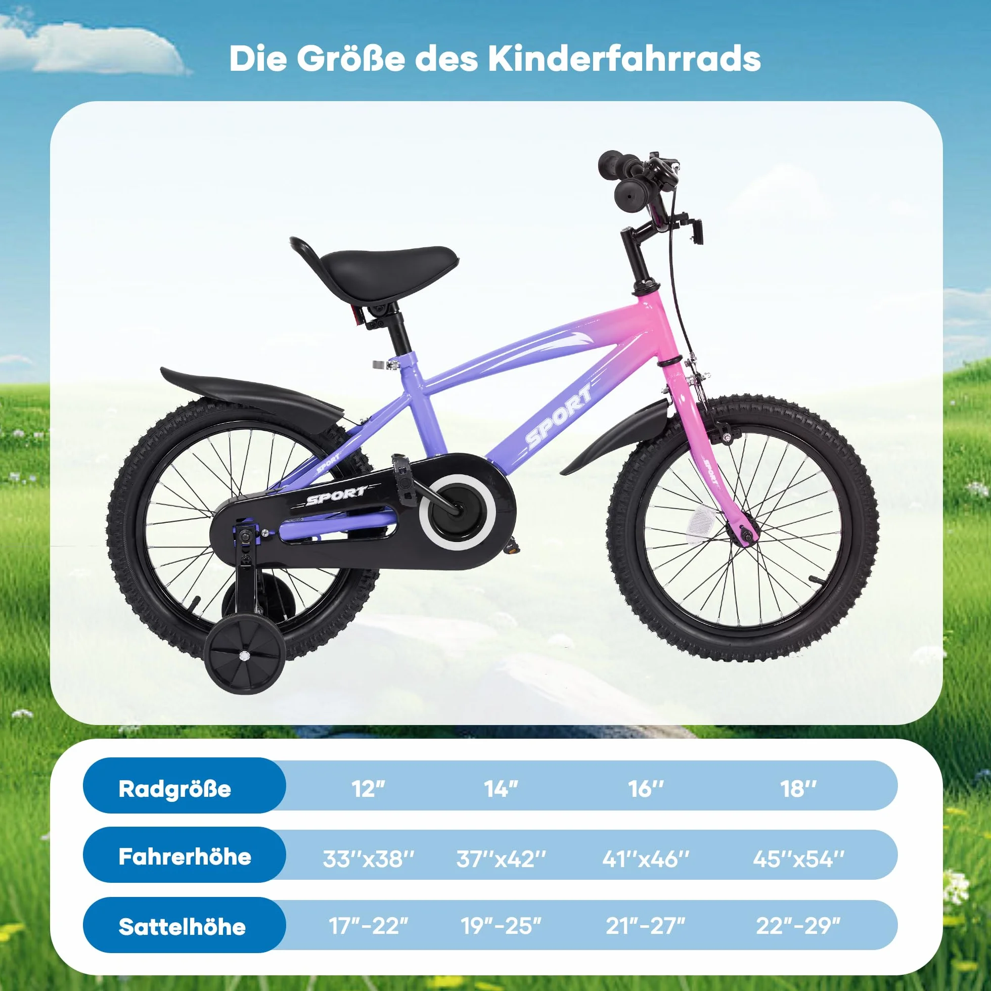 BODIOO Vélo enfant 14 pouces garçon fille roues stabilisatrices cadre stable siège réglable frein arrière frein à main 94-107 cm