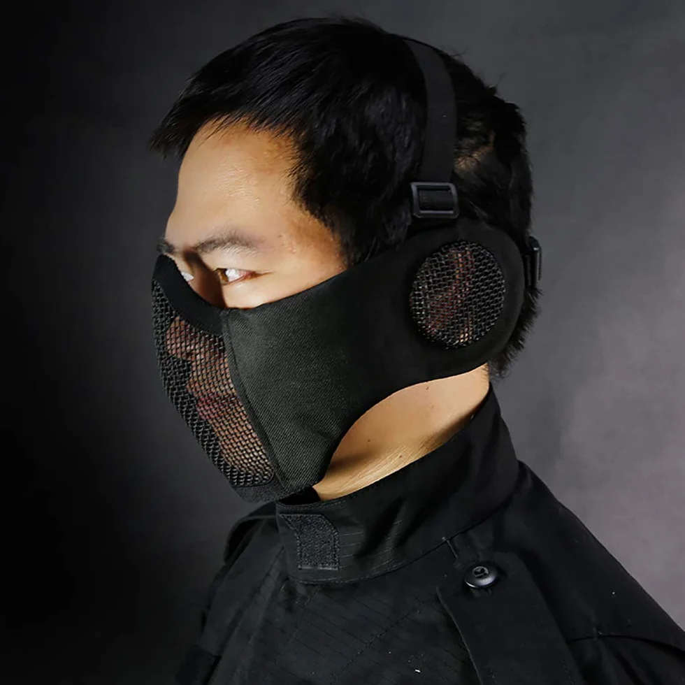 Demi-masque pliable airsoft en maille avec protection auditive pour paintball chasse