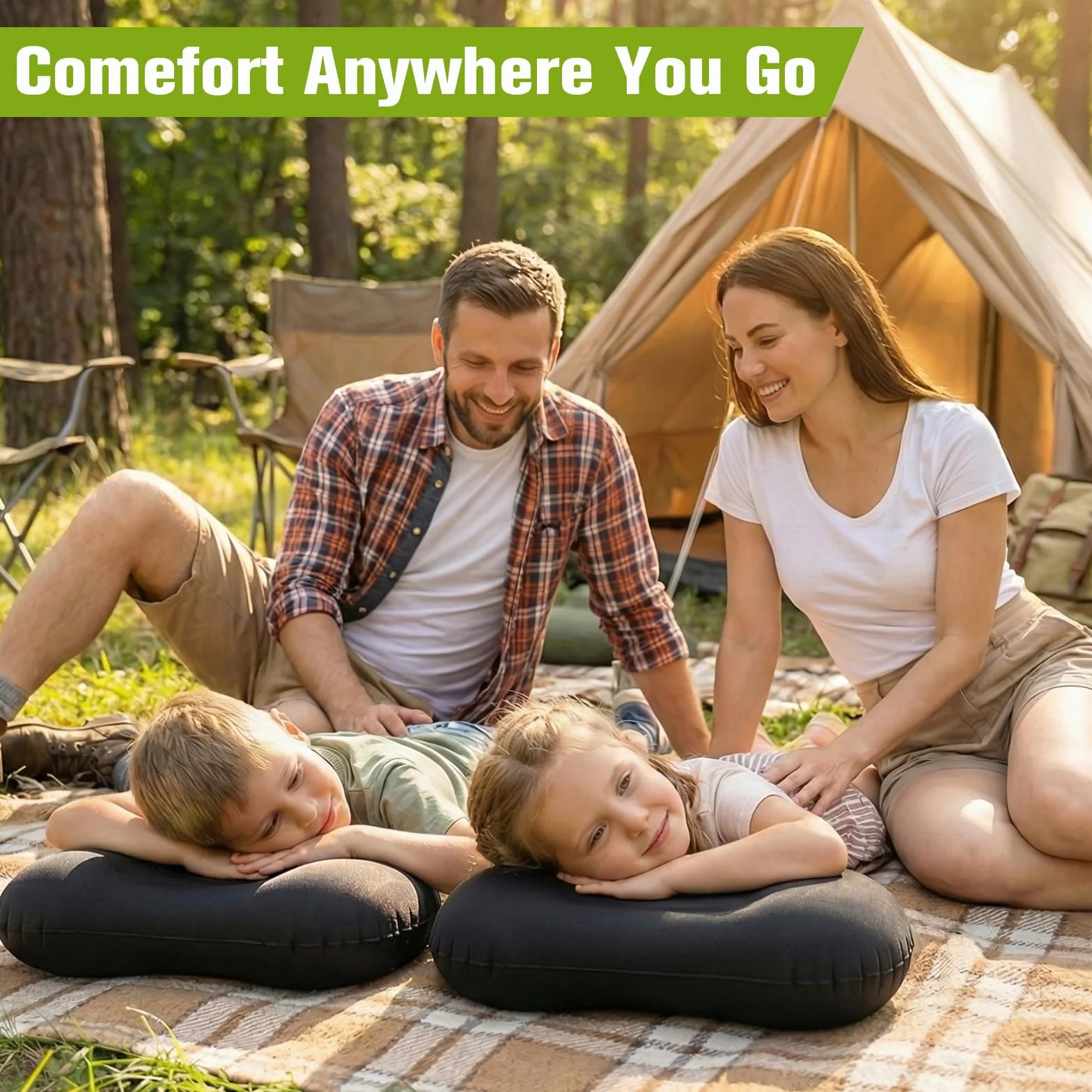 Oreiller Camping Gonflable Ultra-Compact Léger Voyage Support Ergonomique Noir