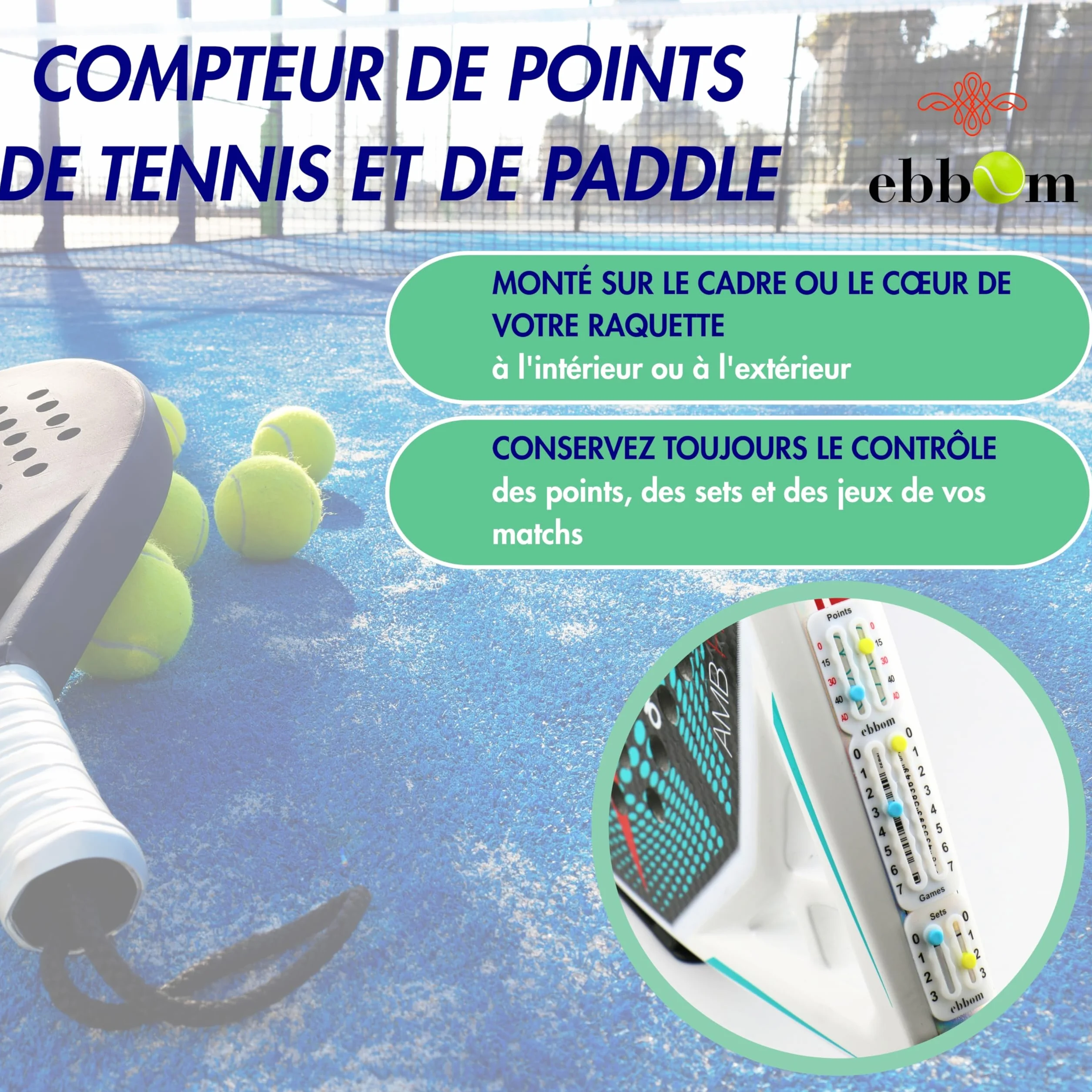 Compteur de Points Padel et Tennis Ultraléger avec Adhésif 3M - Inclus 2 Overgrips B/N et 1 Nettoyant – Adaptable à Toutes Les Raquettes et Palas – Accessoires Padel – Marqueur Padel