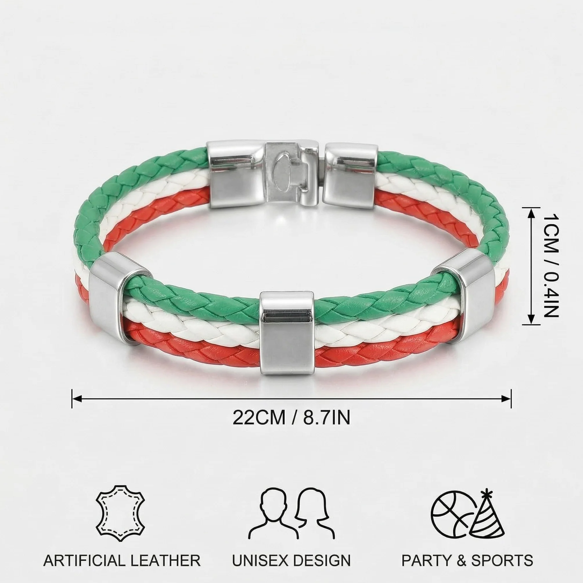 Bracelets Italie Supporter Simili-Cuir Tressé Drapeau Italien Tricolore 22cm