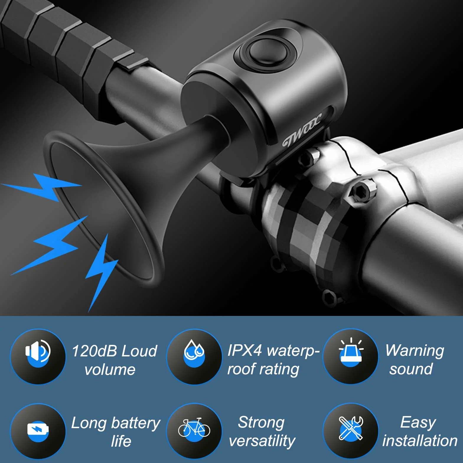 Vélo Sonnette Électrique 120dB 1 Mode Klaxon Puissante IPX4 300mAh