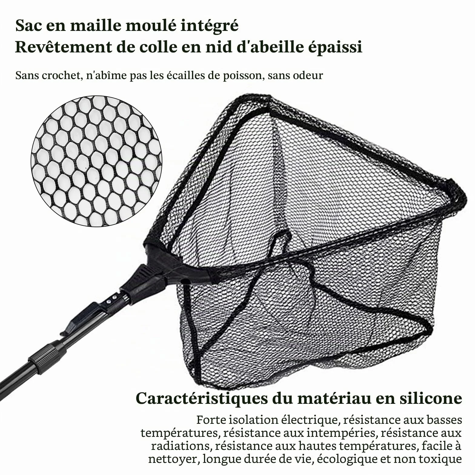Épuisette de Pêche Pliable, Épuisette Pêche Pliable avec Poignée Télescopique, Longueur Réglable pour Kayak Salmon Chat Basse Étang et Piscine (Noir)