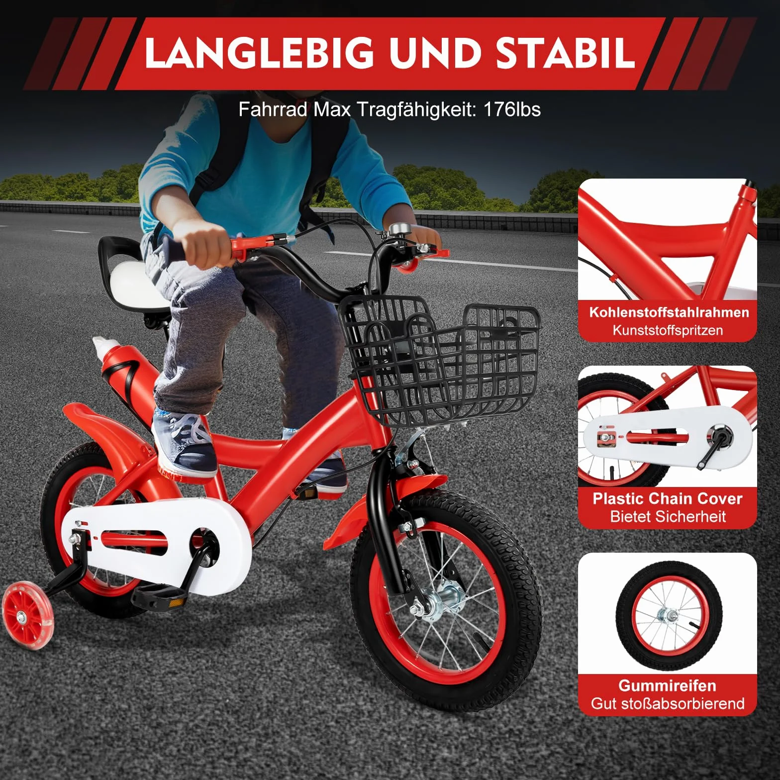 Vélo enfant 12 pouces réglable 2-5 ans avec roues stabilisatrices panier bouteille