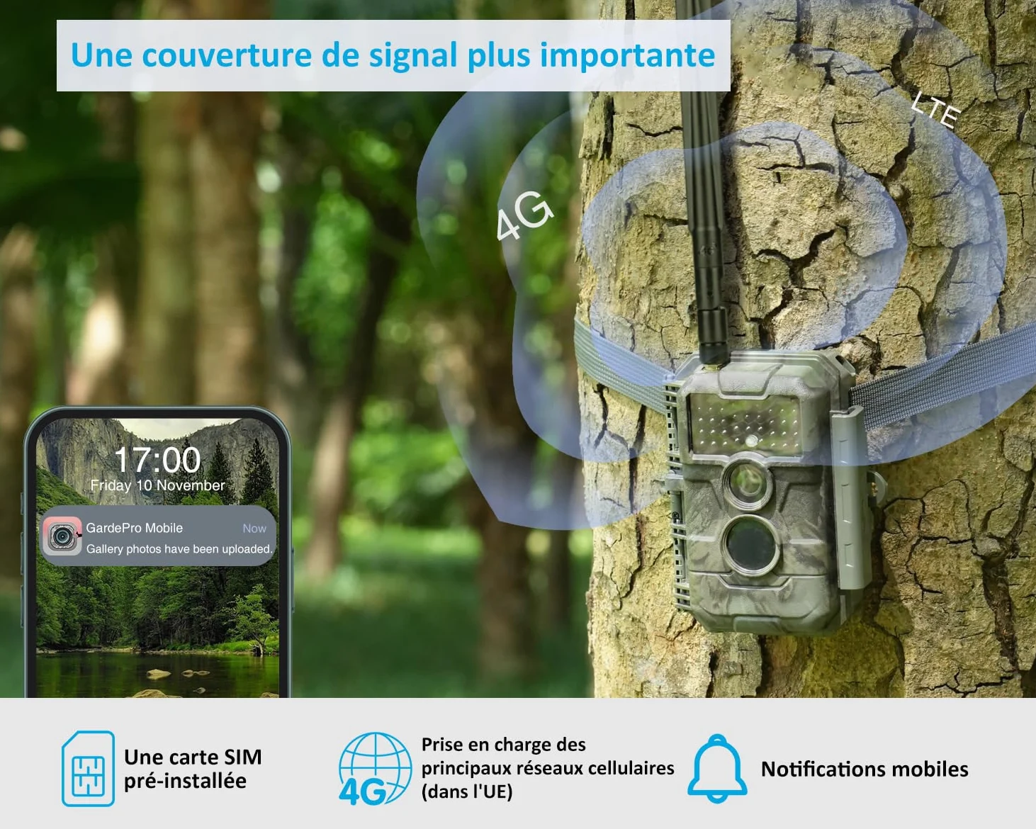 GardePro X20 Caméra de Chasse 4G LTE avec Carte SIM et App | Vidéo H.265 48MP, Vision Nocturne Infrarouge No-Glow de 25m, Détecteur de Mouvement 0,2s et IP66 Étanche