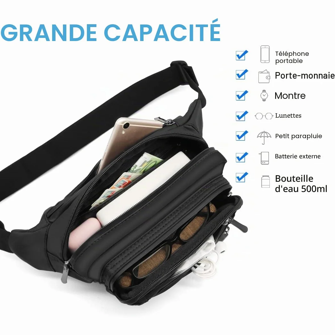 HNOOM Sac Banane Imperméable Homme Femme avec 5 Poches Sangle Réglable Grande Capacité Noir