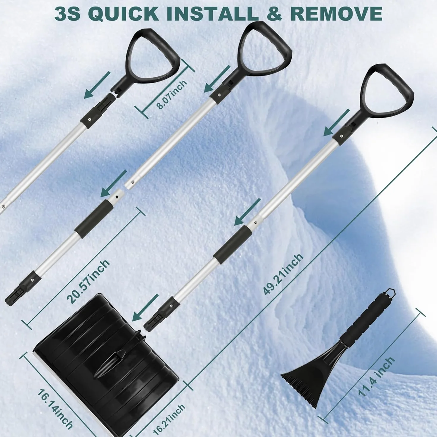Pelle a Neige, réglable Portable Grande capacité,Profil en Aluminium Bord de Glissement, Conception Amovible,poignée en D pour la Conduite de Voiture de Jardin et Le Camping en Plein air