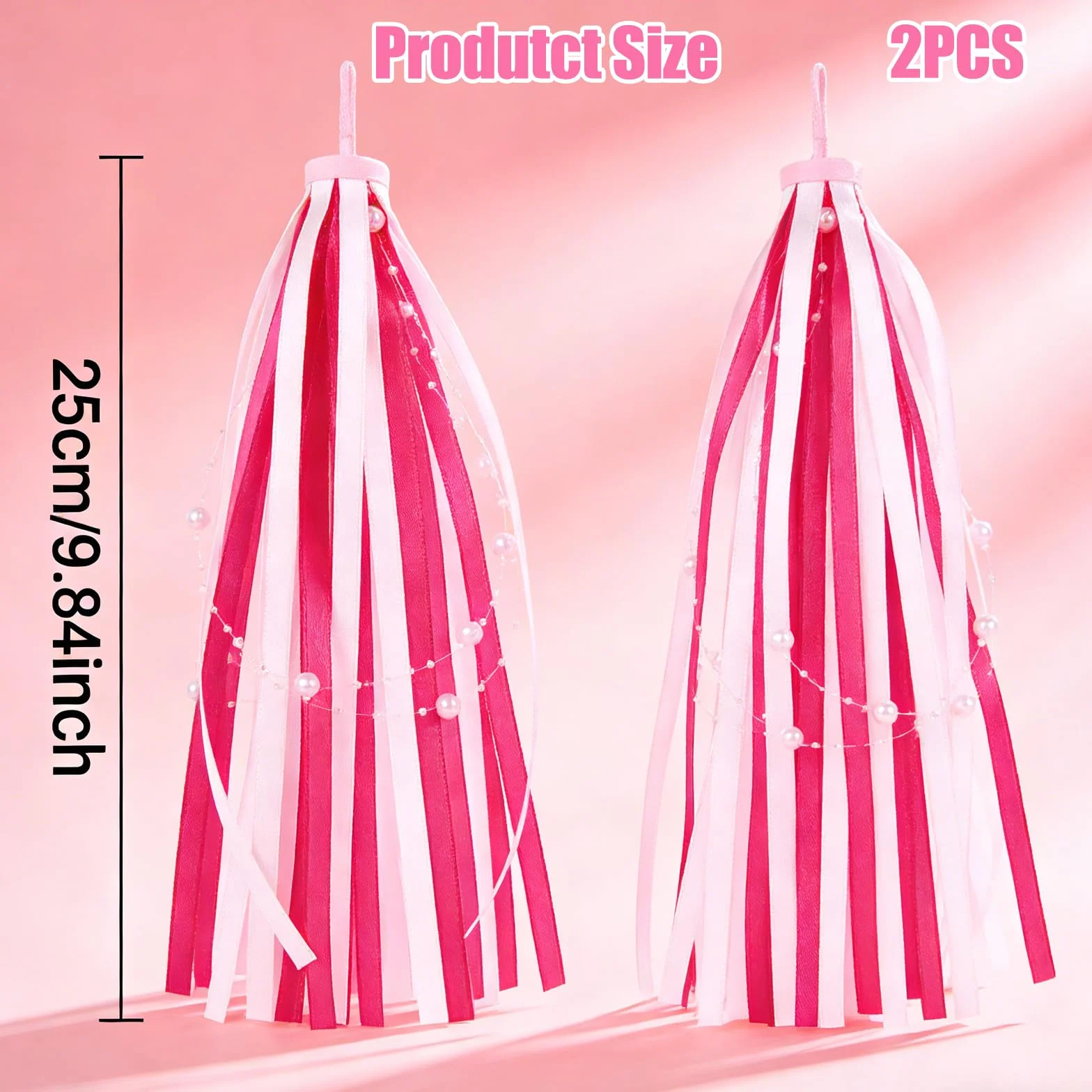 Guidon Streamers Rubans Satiné Magenta Perlé Accessoire Velo Enfant
