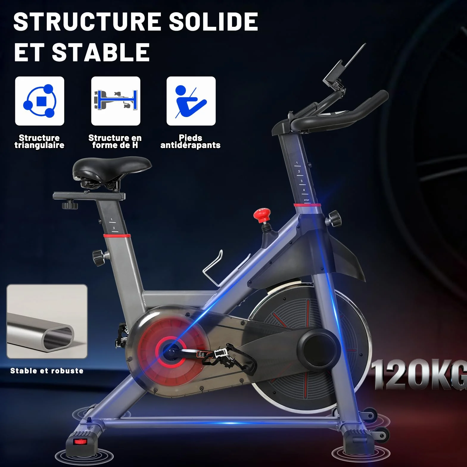 Vélo d'Appartement Résistance Ajustable Silencieux Volant d'Inertie 8KG Écran LED Selle Réglable