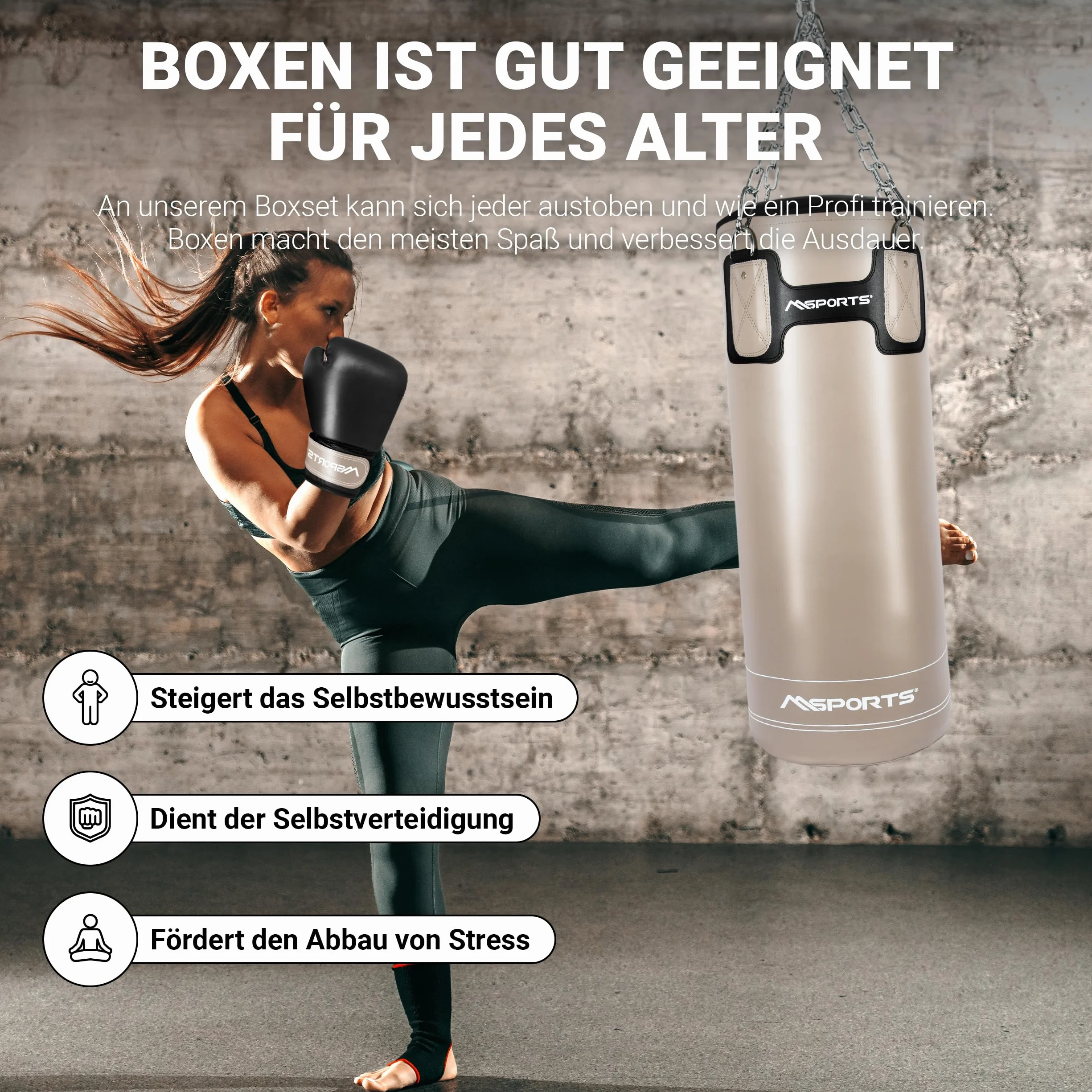 MSPORTS Punch Bag Set Premium 80 × 30 cm – Sac de frappe 25 kg + gants de boxe & bandages – Entraînement de boxe, kickboxing et fitness à la maison ou en studio