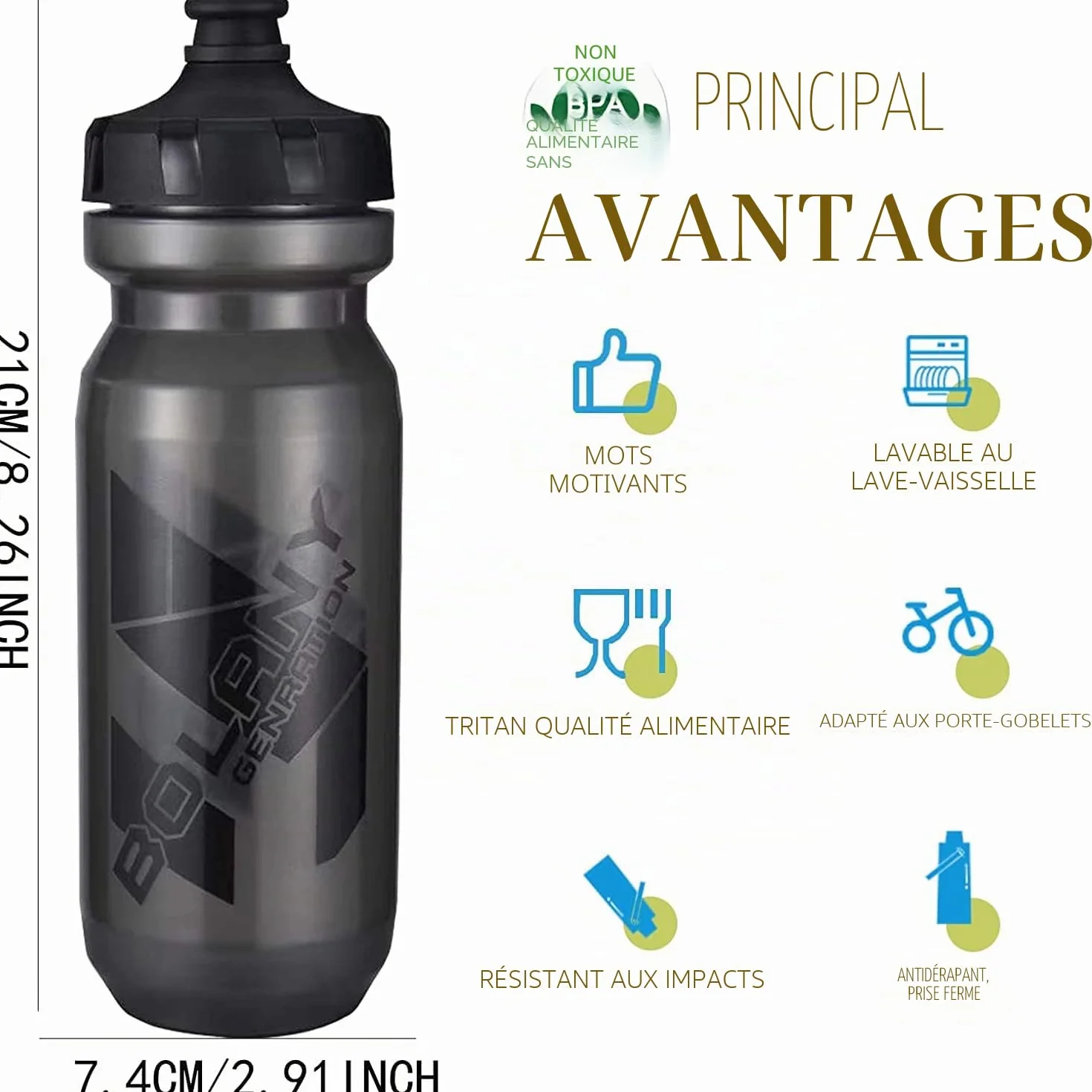 Porte Bidon de Vélo avec Gourde 610ML, sans BPA pour VTT et Route