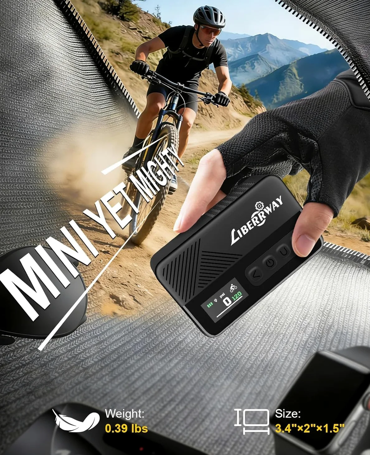 Mini pompe à vélo électrique 120 PSI avec arrêt automatique, manomètre et lumière LED, pompe à vélo portable sans fil pour VTT, vélo électrique, vélos de route/de ville avec valve Presta et Schrader