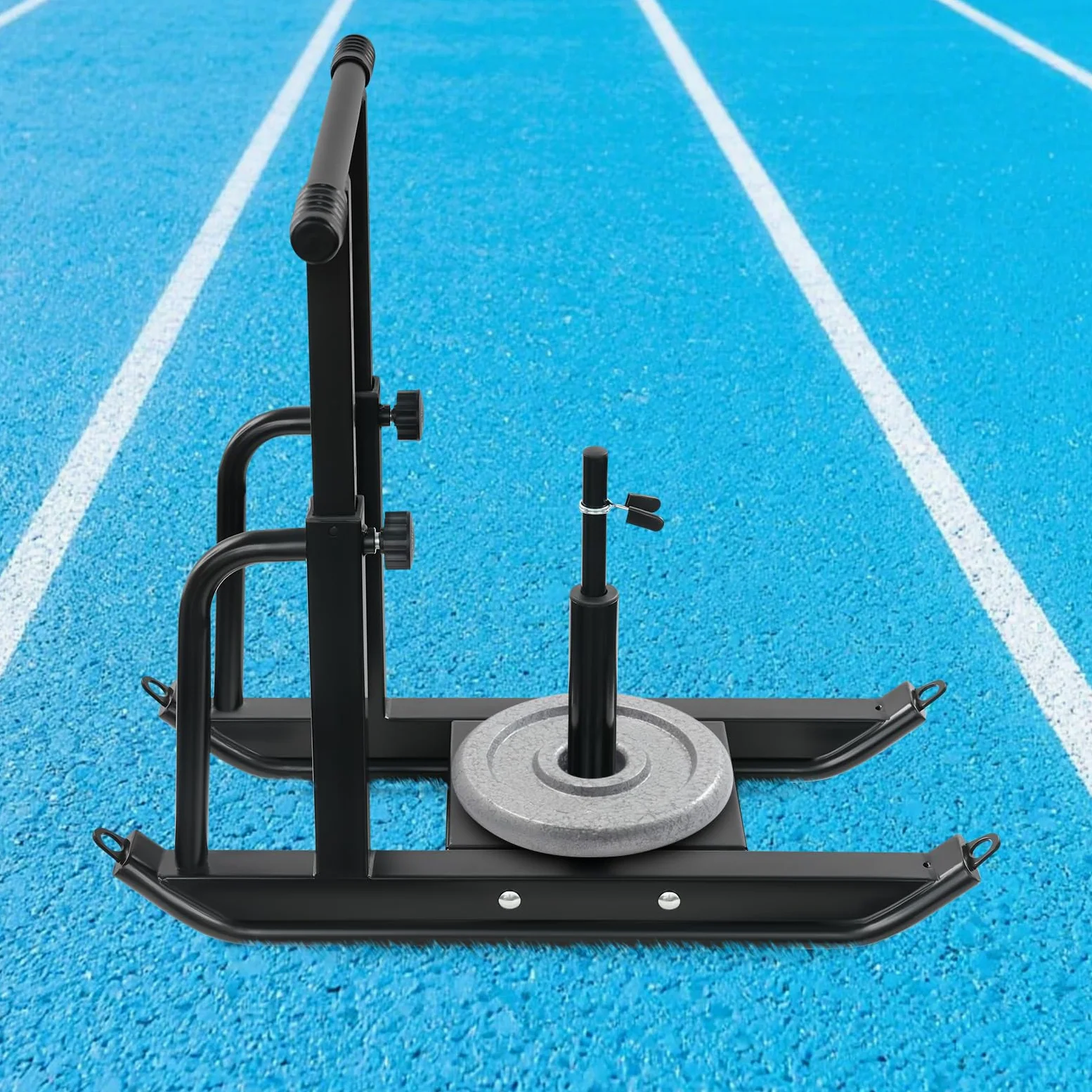 Luge de fitness réglable, capacité de charge de 200 kg, réglable en hauteur sur 5 niveaux pour l'entraînement de poussée et de traction, compatible avec disques de poids de 1" et 2", luge