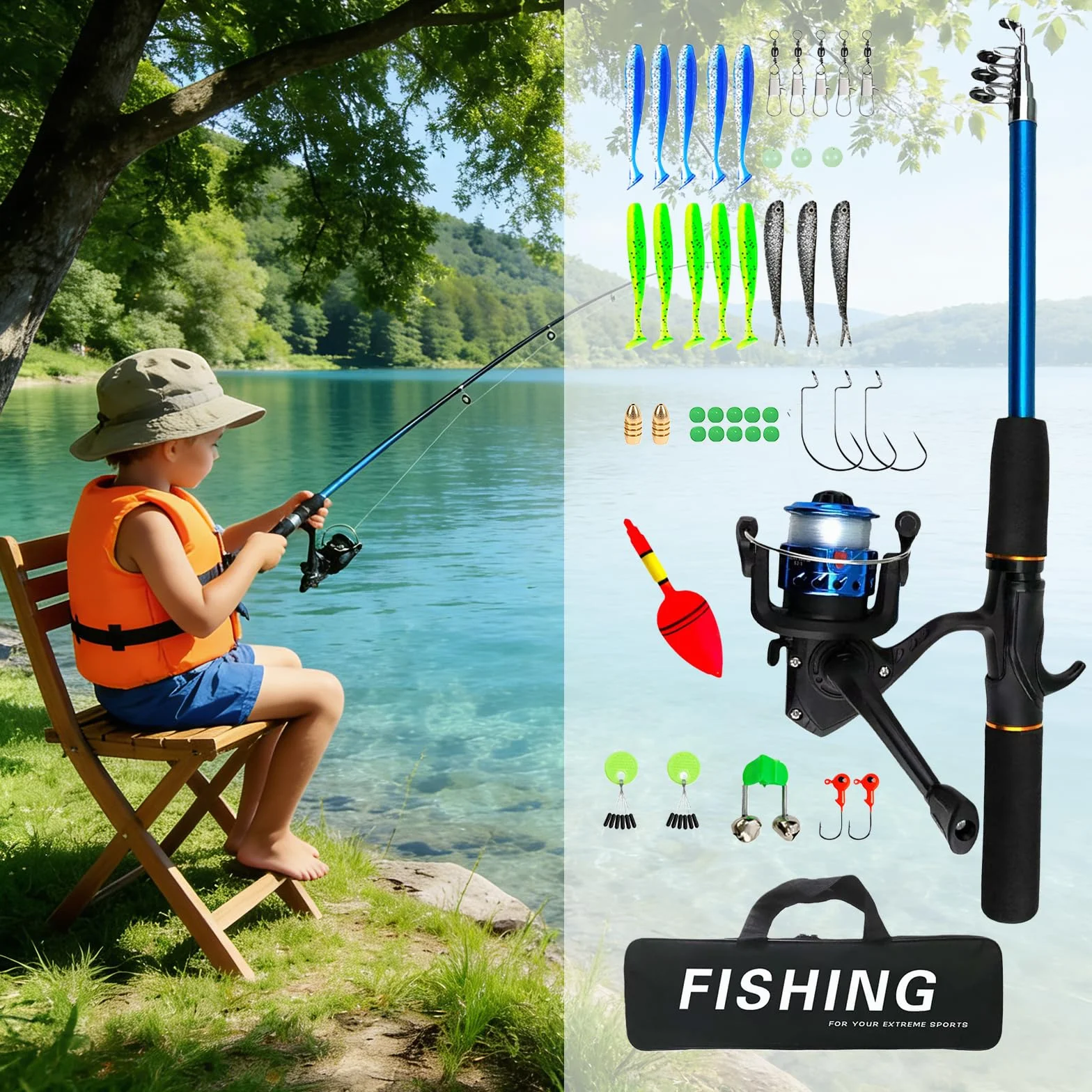 Kit de pêche pour enfants 1,6m avec sac de transport canne moulinet leurres