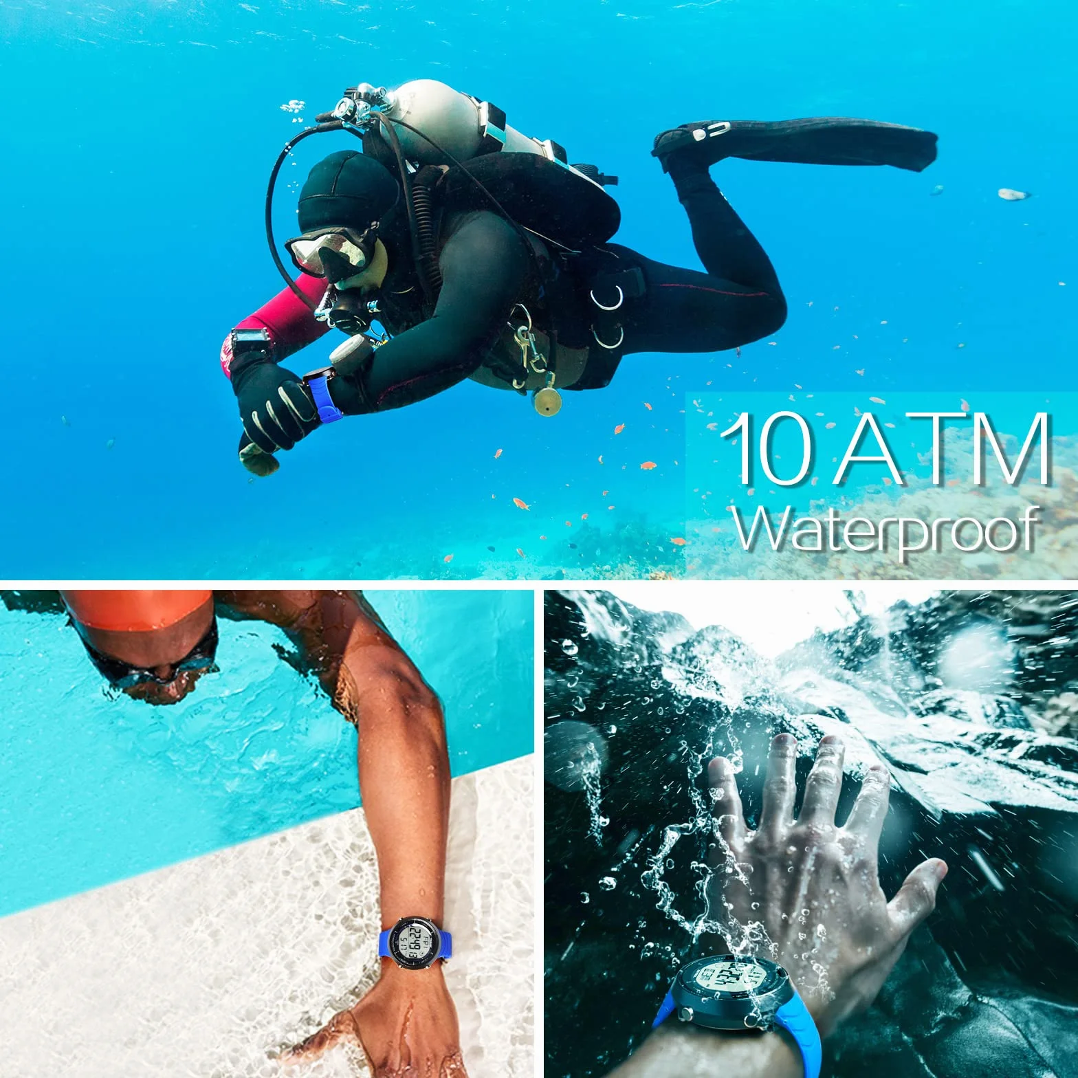 Montre Sportive 10 ATM Résistant à l'Eau pour Natation Plongée Chronomètre Compte à Rebours