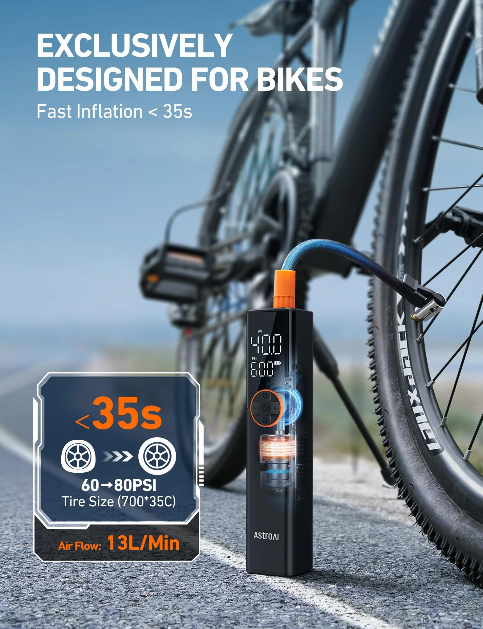 AstroAI Pompe à vélo électrique, mini pompe à vélo portable rechargeable 150 PSI pour toutes les valves, moteur haute tension spécialement conçu pour les vélos, convient à tous les vélos